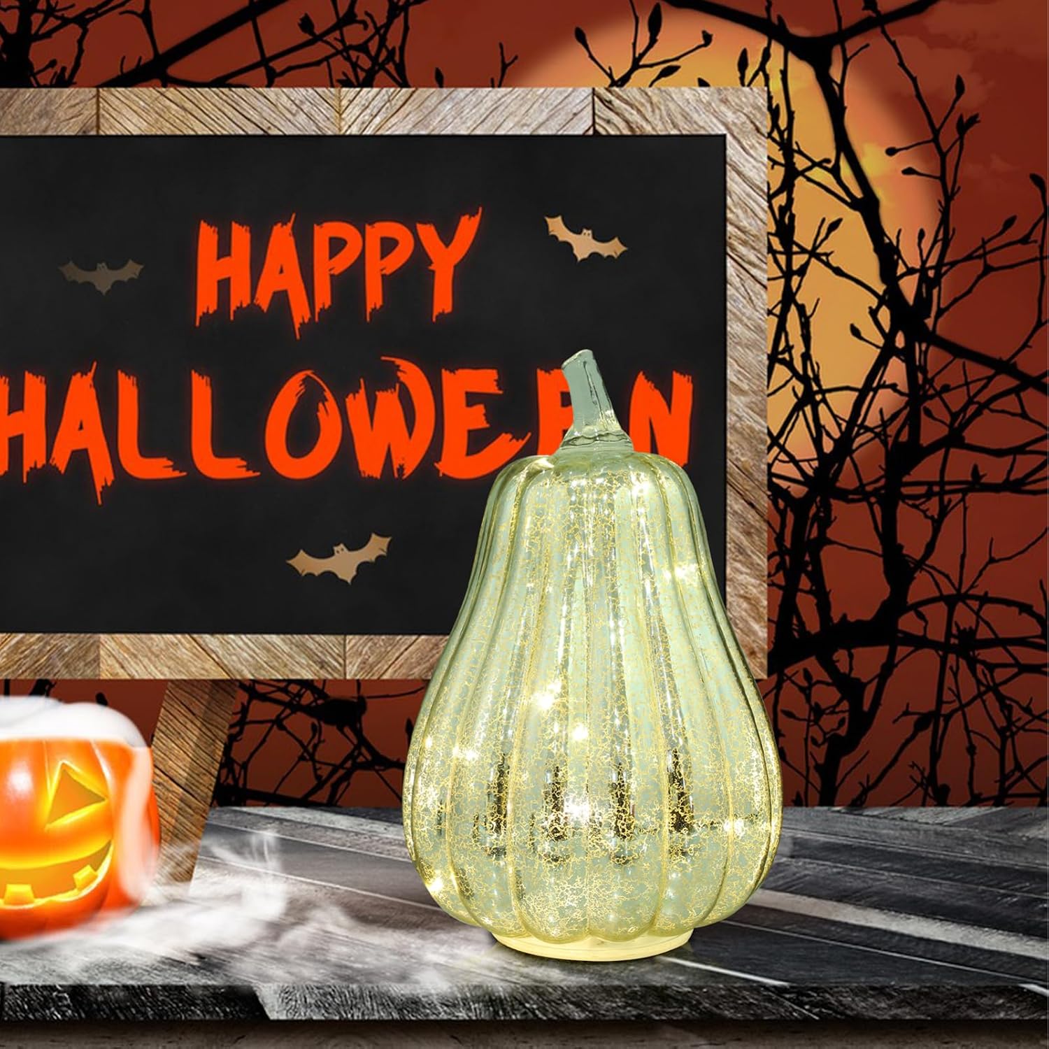 jojofuny Halloween Glass Pumpkin Lantern, LED Light Up Decorative Lamp, Silver, 7.48 x 5.78 Inch, Fall Halloween Thanksgiving Tabletop Party Decoration