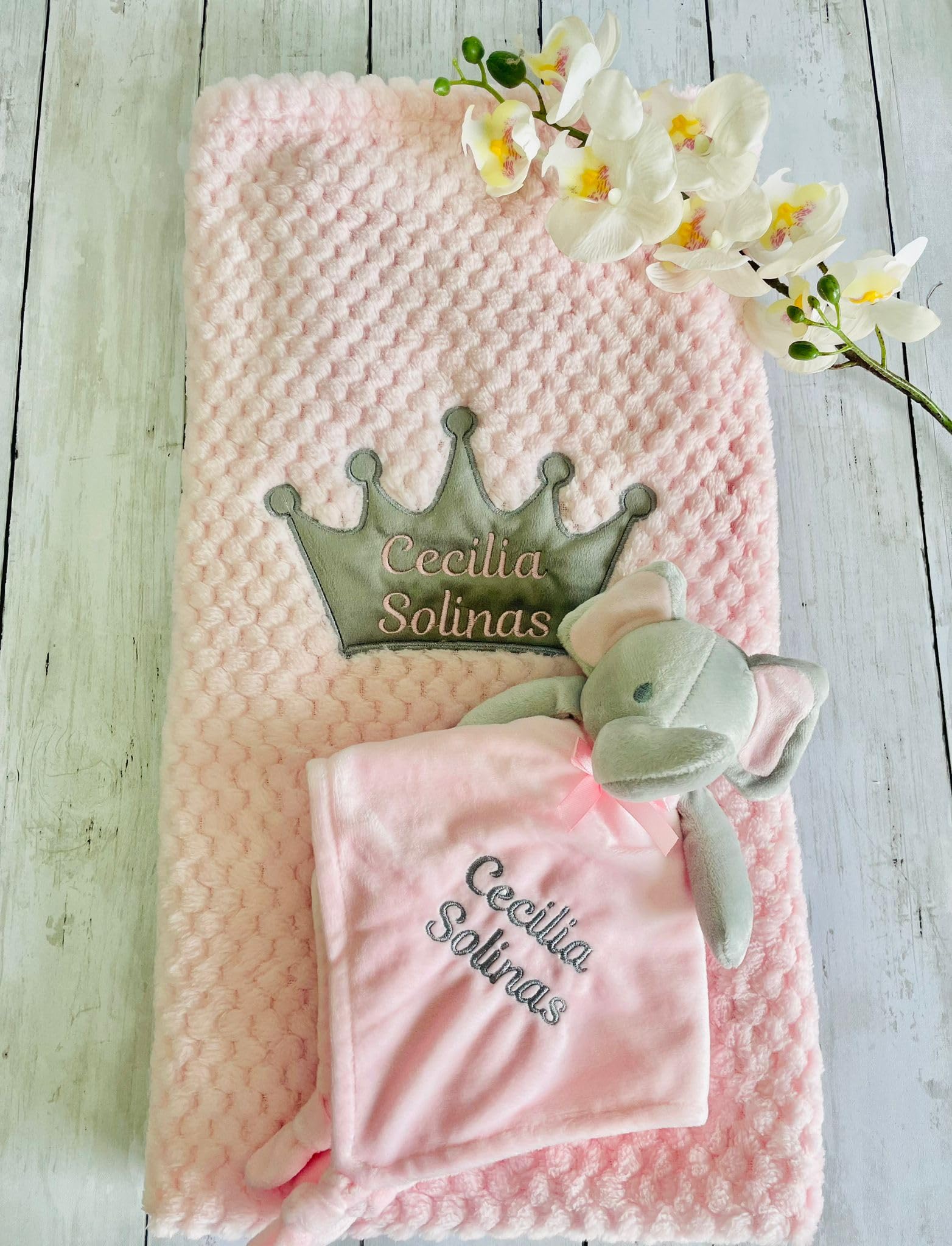 CrisArt Set nascita bimba copertina e doudou elefante con nome ricamato in argento, idea regalo battesimo tema reale, rosa (argento.f)
