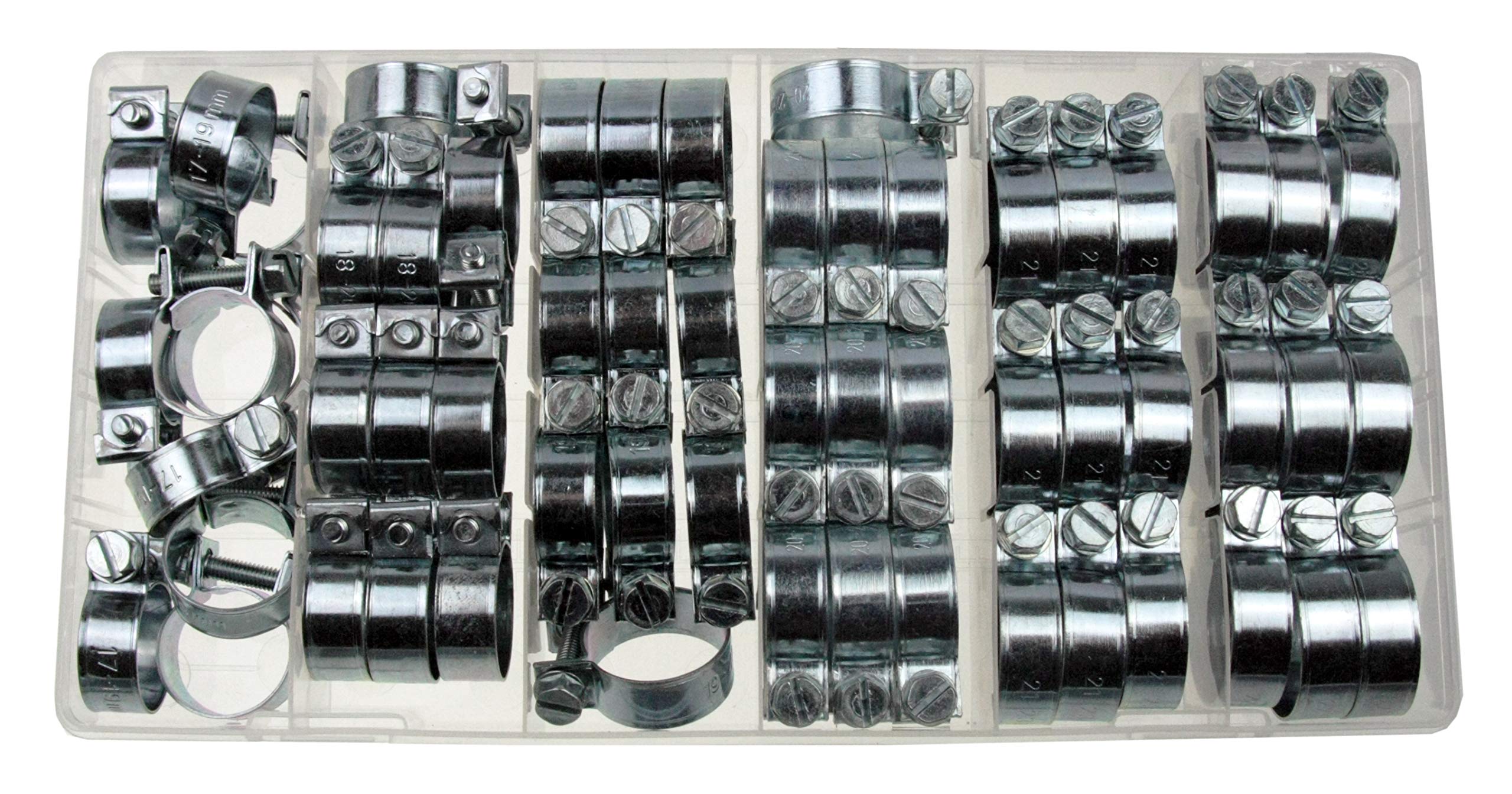 Alkan Schlauchklemmen Sortiment 58-tlg 17-24 mm Schraubschellen | Rundziehende Schraubschellen und Mini-Rohrschellen für Benzinschläuche, Leitungen und Schläuche, sortiert in Box