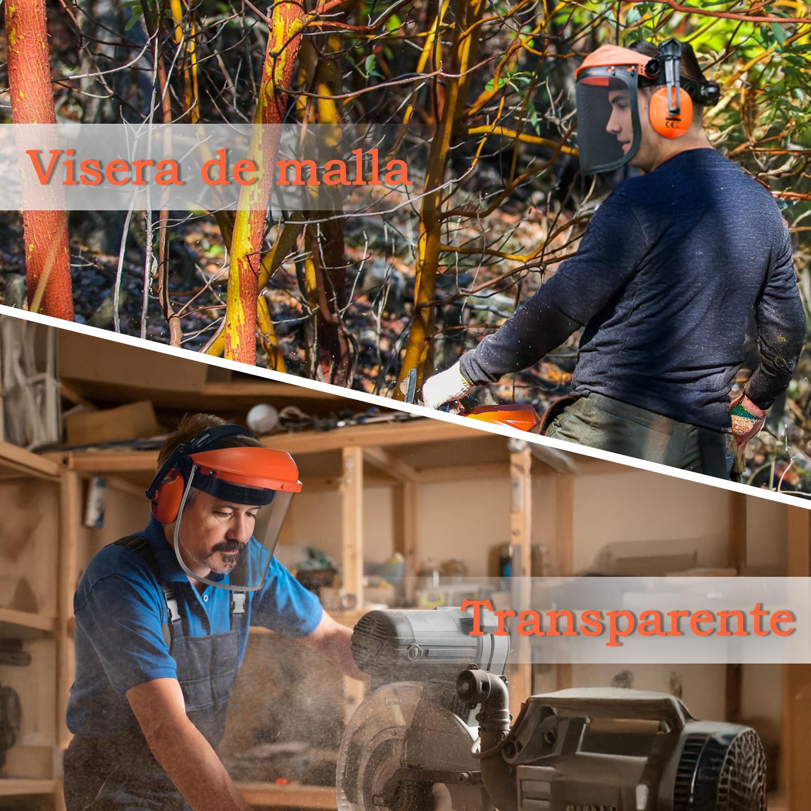 Careta Desbrozadora con Doble visera (Transparente EN16321-1 + Malla EN16321-3) y Orejeras EN352-1 Certificado CE Para Jardinería, Carpintería y Desbrozadoras