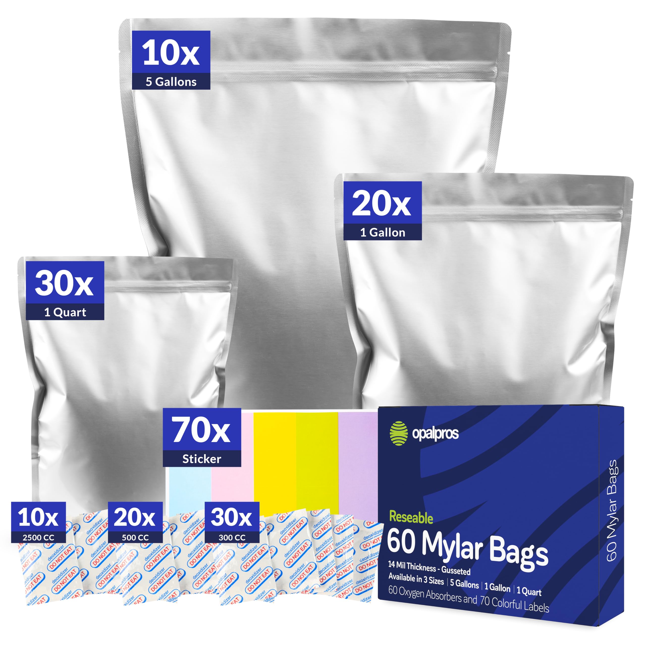 60 pcs Gusseted 14 Mil Mylar Bags with Oxygen Absorbers - 5 Gallon, 1 Gallon, 1 Quart with 2500cc, 500cc, 300cc OA - mylar bags for food storage + Colorful labels