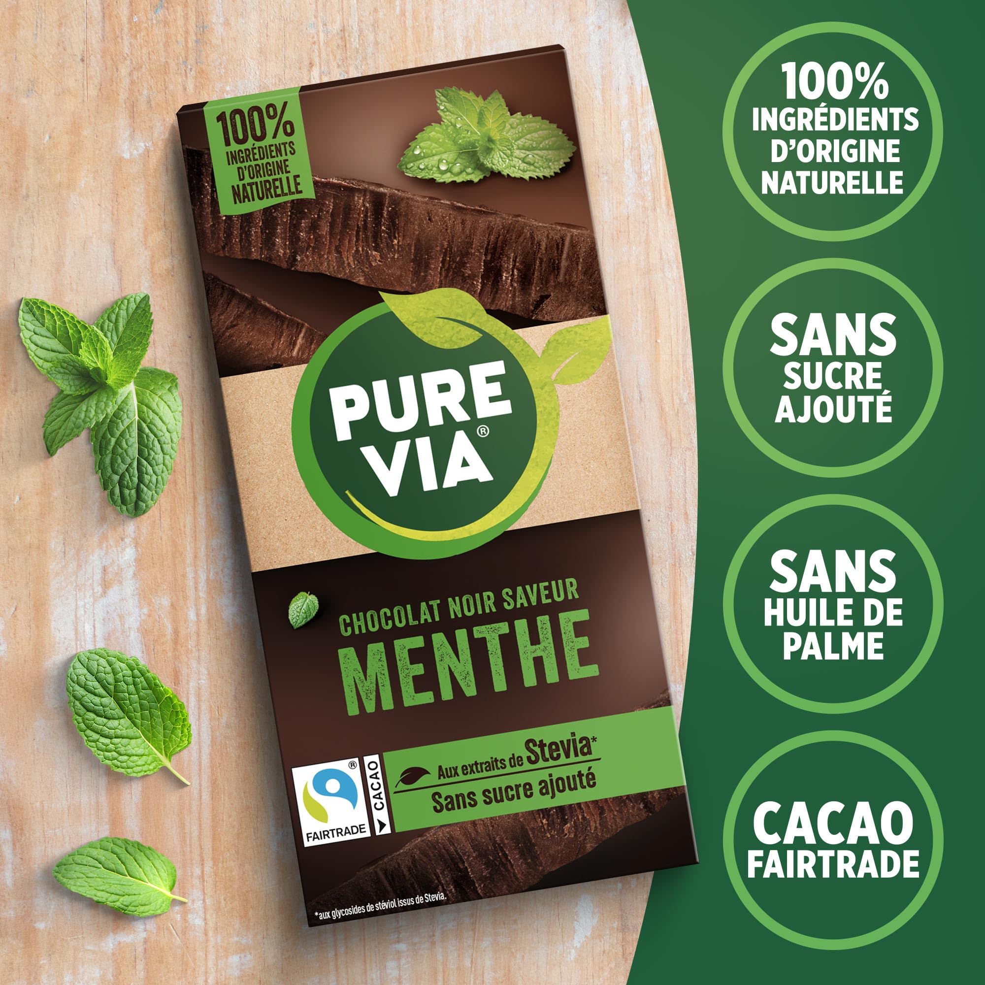 Pure Via Tablette Chocolat Noir Saveur Menthe à la Stevia, Sans sucre ajouté, Équitable 100g
