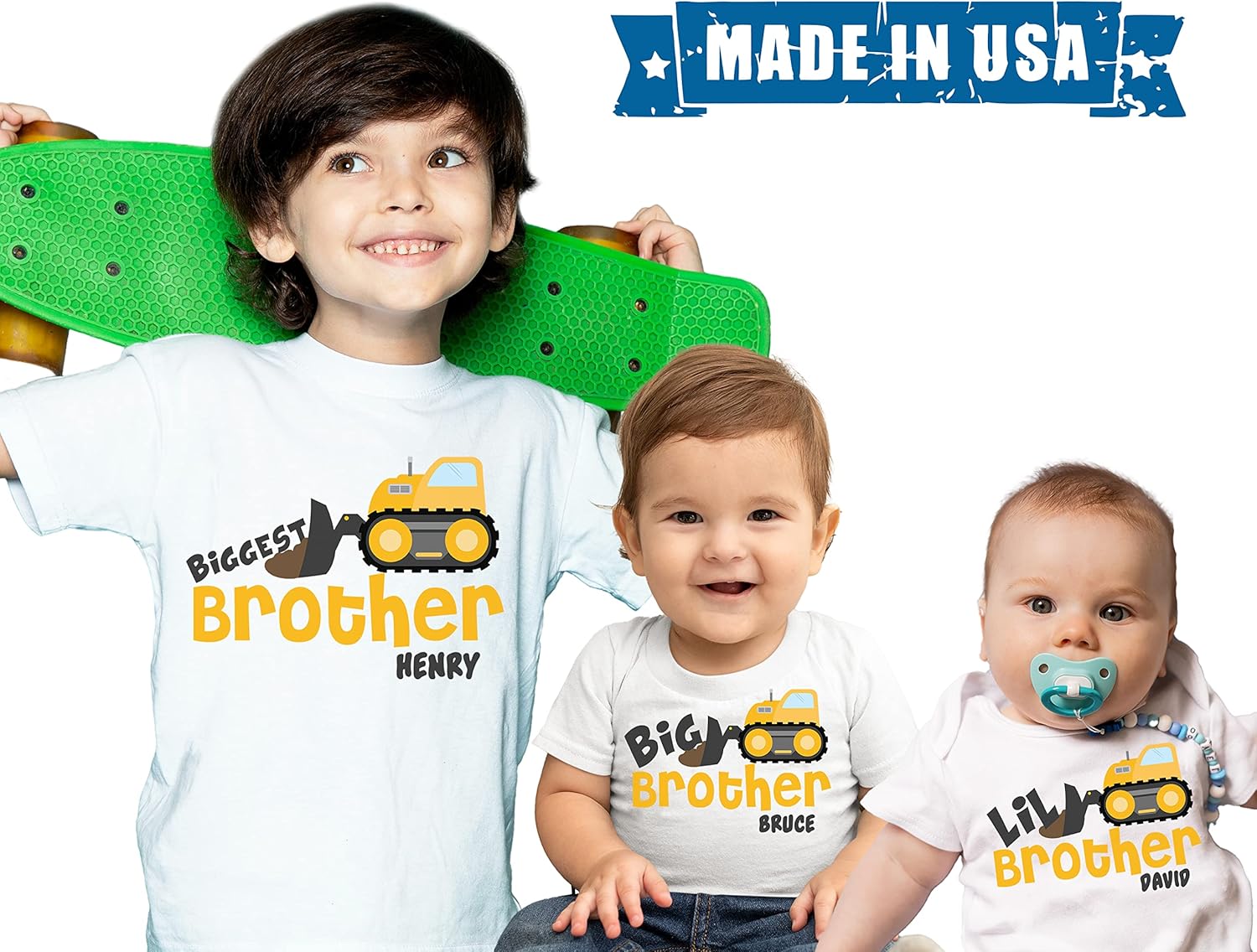 Personalized Biggest Brother Big Brother Little Shirt Set of 3 Construction Trucks Tshirts Boys