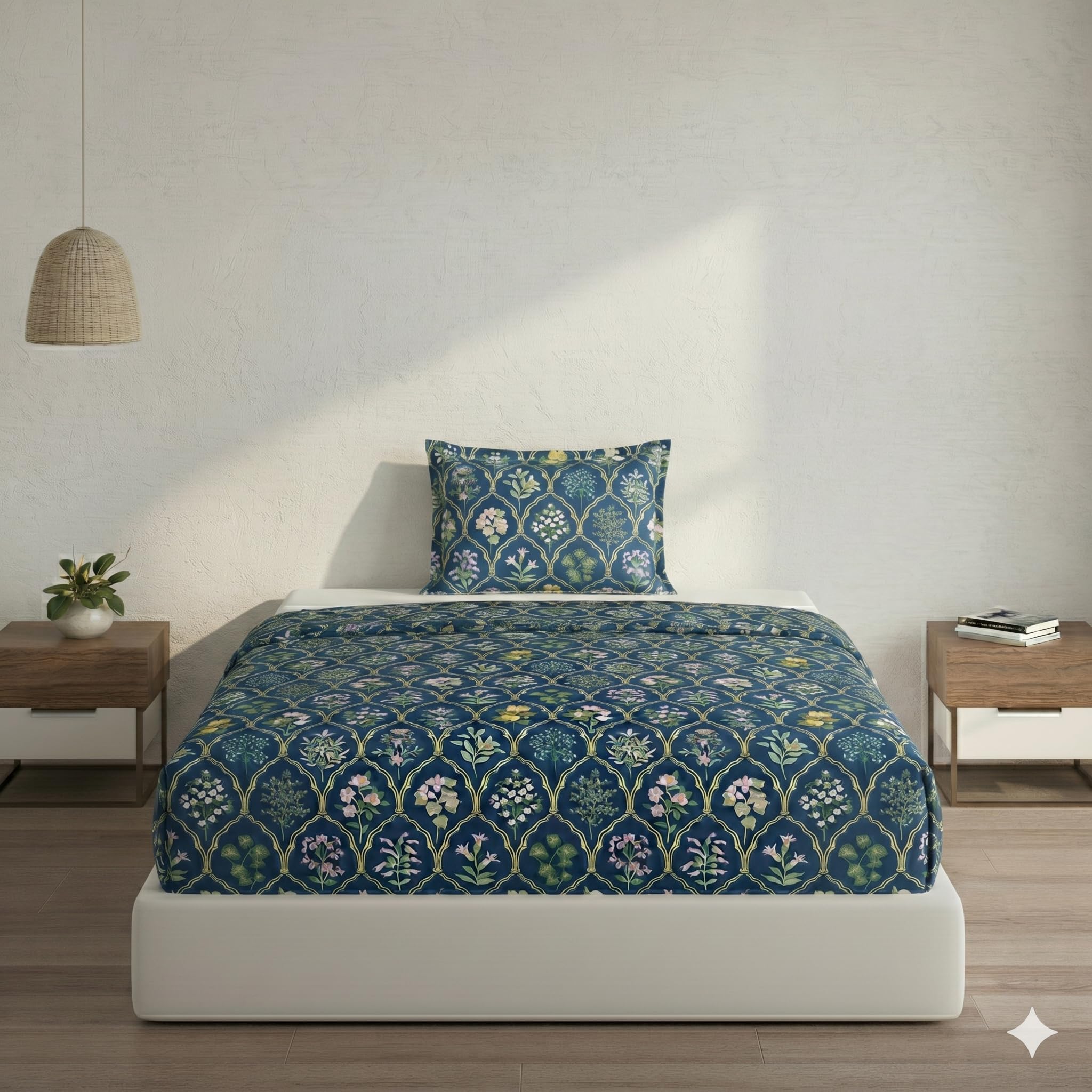 DECOMIZER Cotton Feel All Around Elastic Fitted Glace Printed Single Bed Bedsheet with 1 Large Pillow Cover Fits Upto Mattress of 6 Inches,Size - 42 x 75 x 8 Inches, Navy Jaipuri