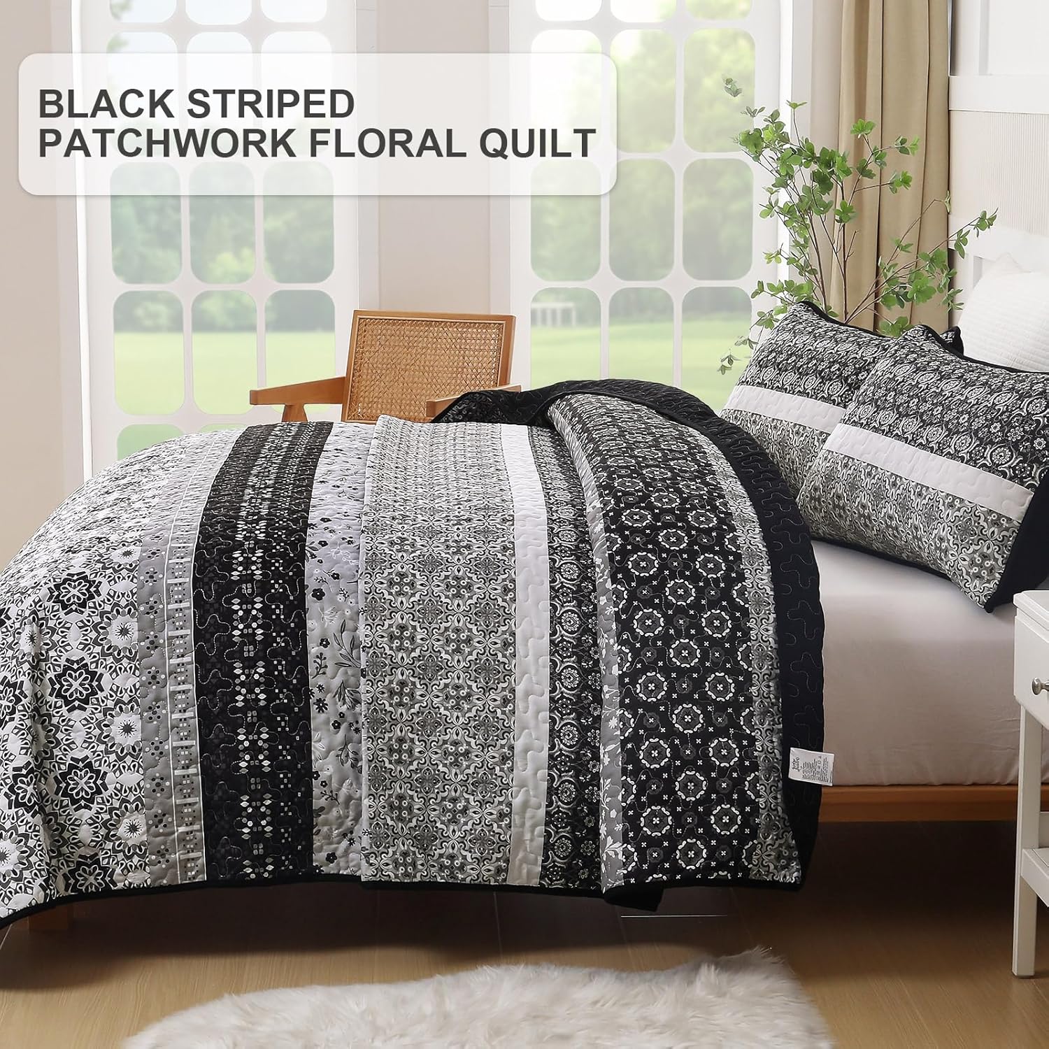 WONGS BEDDING Boho Quilt Set King, Bohemian Black Striped Patchwork Bedspread Coverlet Set with 2 Pillowcases,Lightweight Microfiber Floral Bedding Set 104"×90" - Image 4