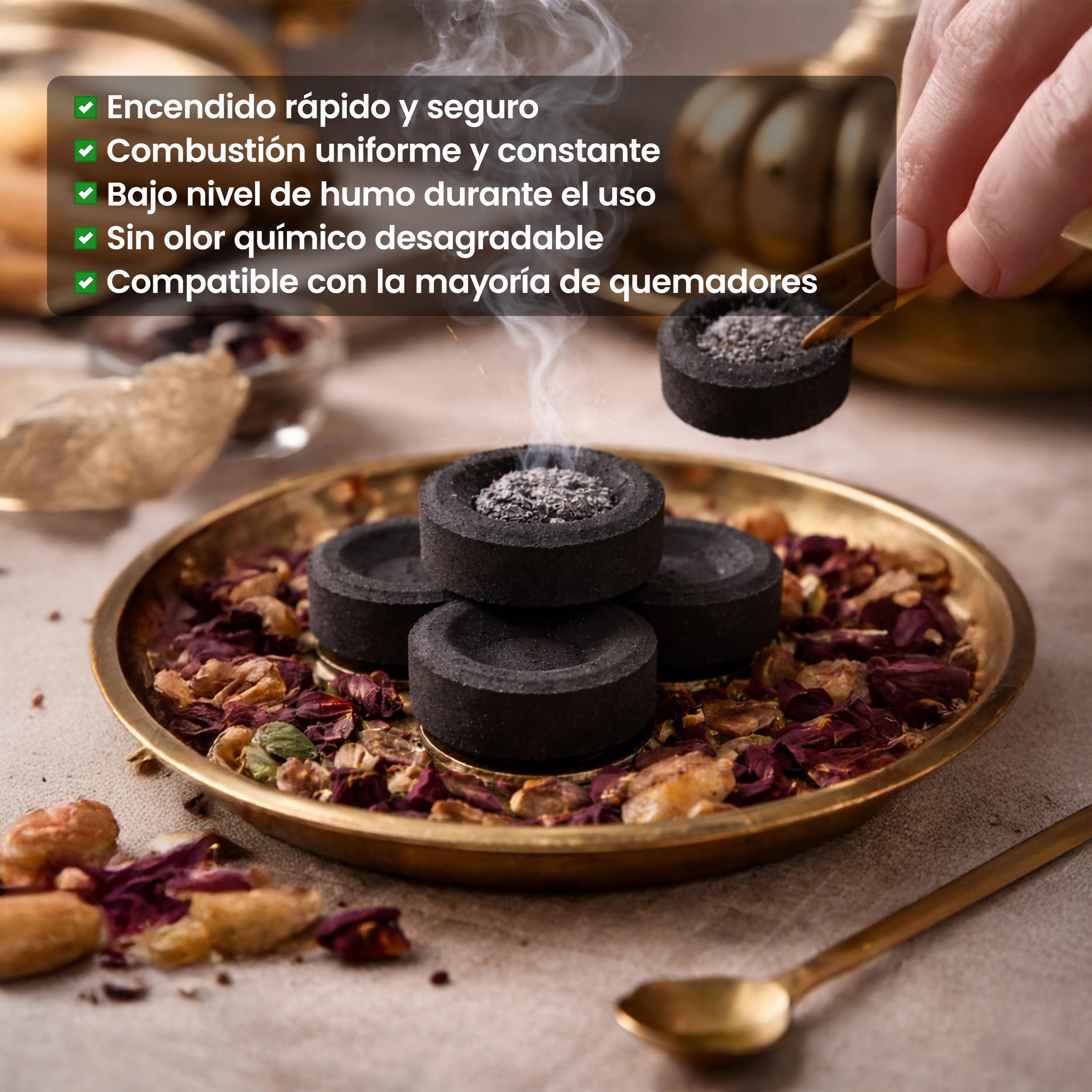 Carbón de Incienso Ø 40 mm – 50 Pastillas de Carbón Natural para Quemadores, Encendido Rápido y Quema Uniforme, Ideal para Resina, Aromaterapia, Rituales y Ambiente Zen