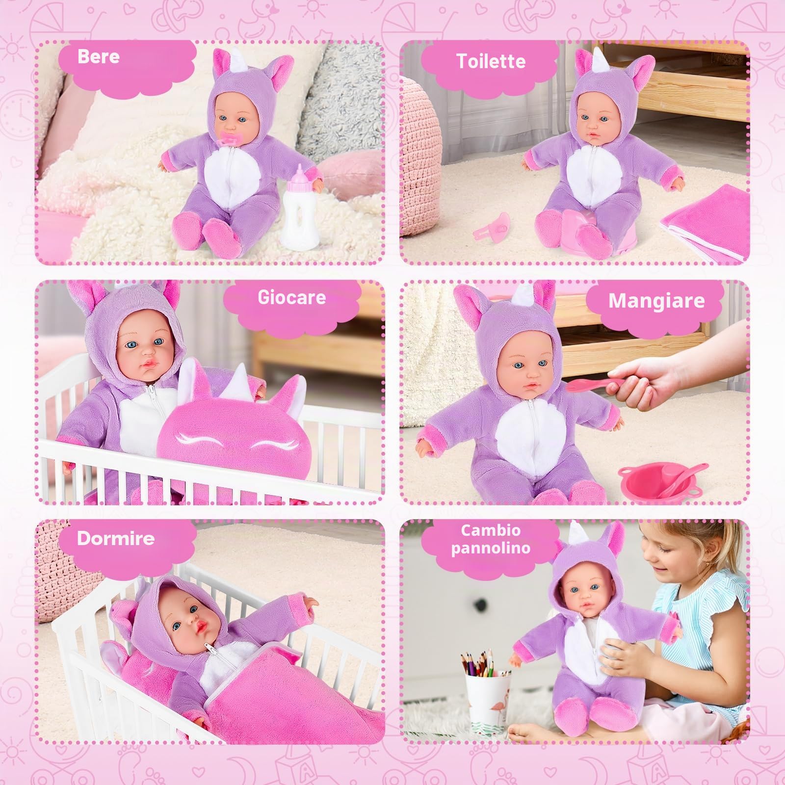 deAO Set Baby Doll con 18” Lettino e 14”Bambole Neonato | Bambola Bebè Set con Bambole Vestiti, Set di Alimentazione e Cura per New Born Baby Dolls, Giocattoli per Giochi di Ruolo
