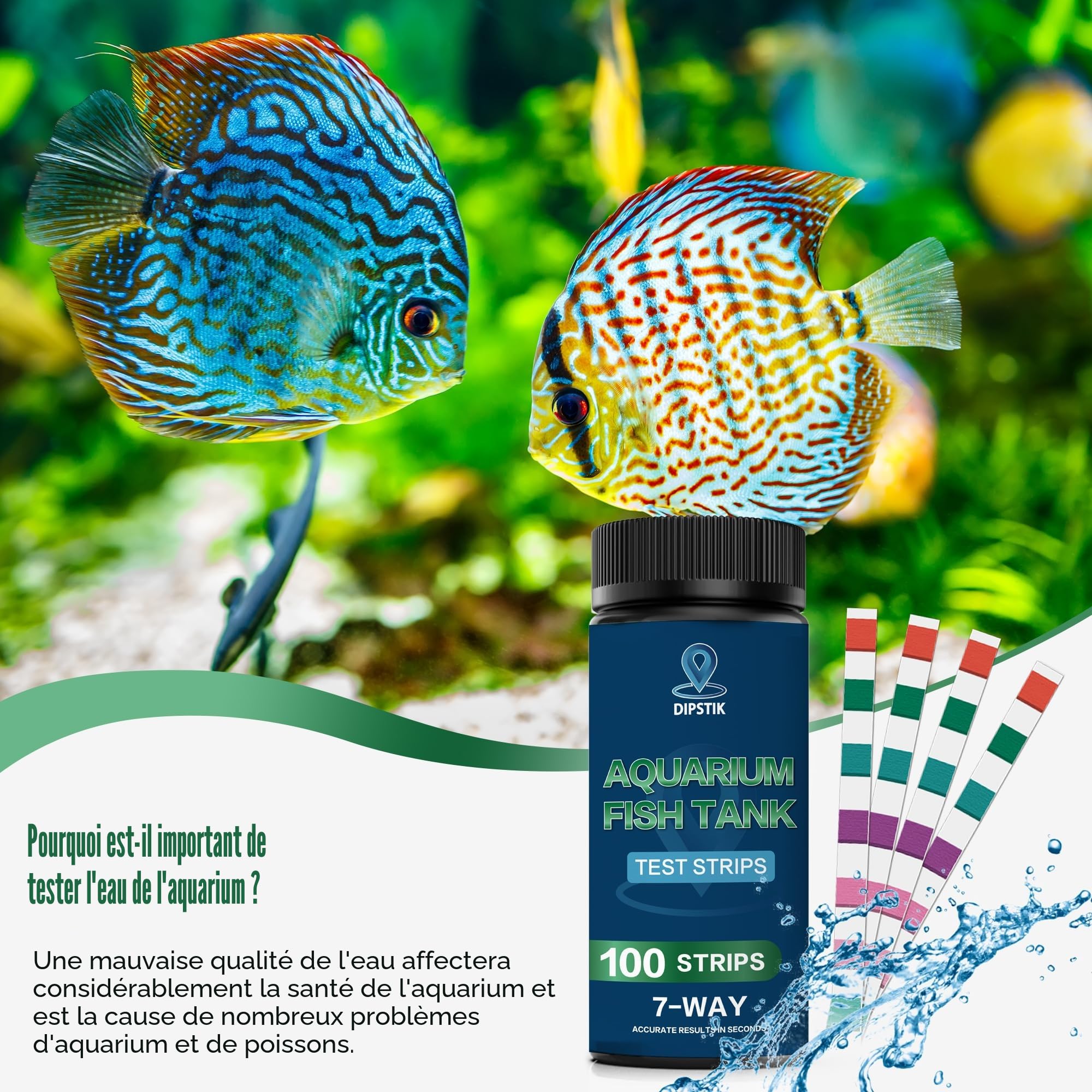 Test d'eau pour Aquarium, Bandelette de Test Eau 7 en1 Pour Alcalinité Totale,Dureté Totale, Dureté Carbonatée, PH, Nitrite, Nitrate, Chlore (100 Bandelettes)