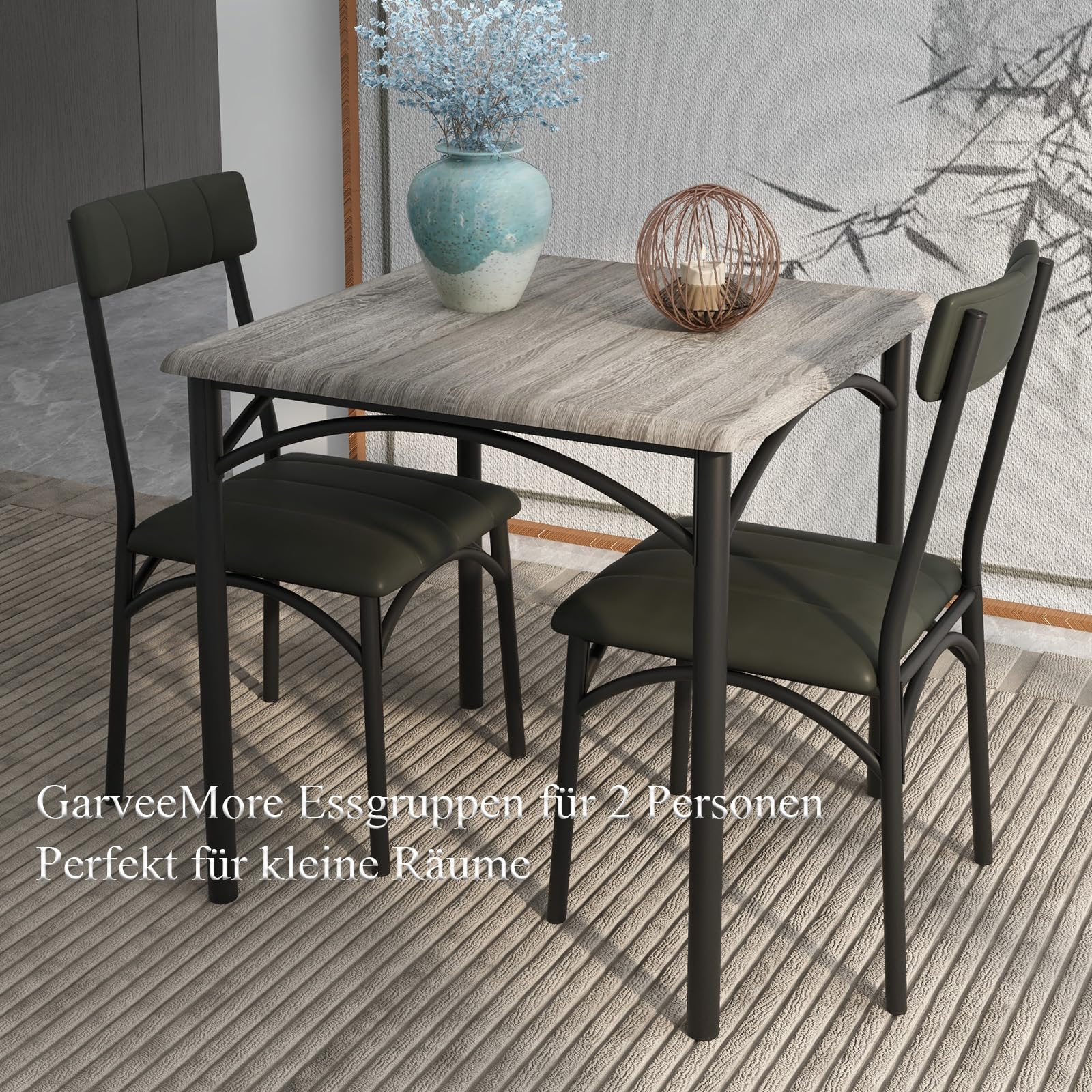 Essgruppen für 2 Personen, Kleiner Esstisch mit 2 Gepolsterten Stühlen, 3 Teiliges Küchentisch mi 2 Stühlen für Bistro, Küche, Wohnzimmer, Balkon, Restaurant - Grau