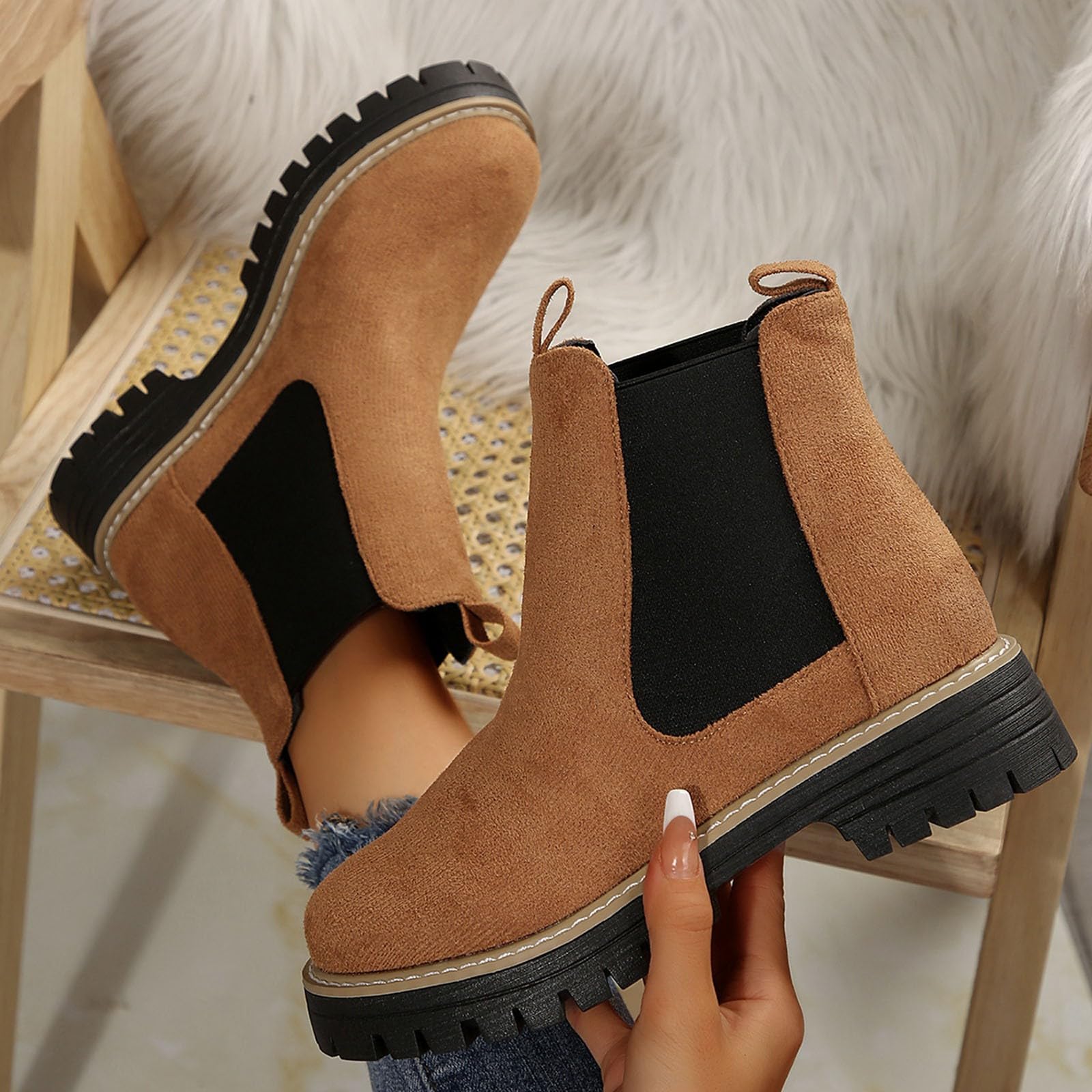Petite - Botines de gamuza para mujer, de moda, estilo Chelsea, para invierno, hasta la rodilla, tacón de bloque, para días lluviosos, viajes, oficina, por encima de la rodilla, Brown, 39.5 EU