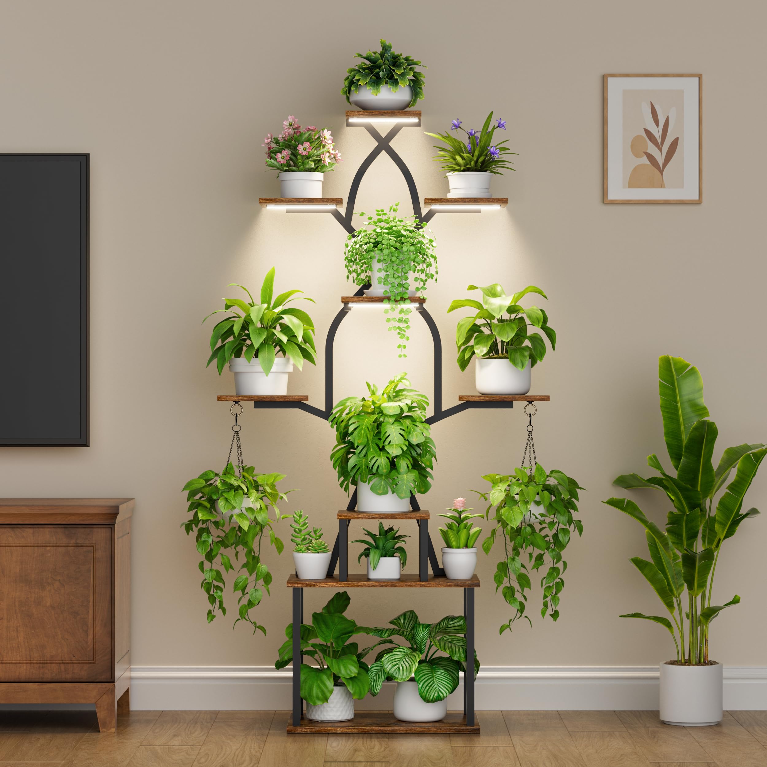 Soporte para plantas de interior con luces de crecimiento, estante de plantas de interior de 7 niveles, soportes de plantas de 64 pulgadas de alto para plantas de interior, estantes de metal 2