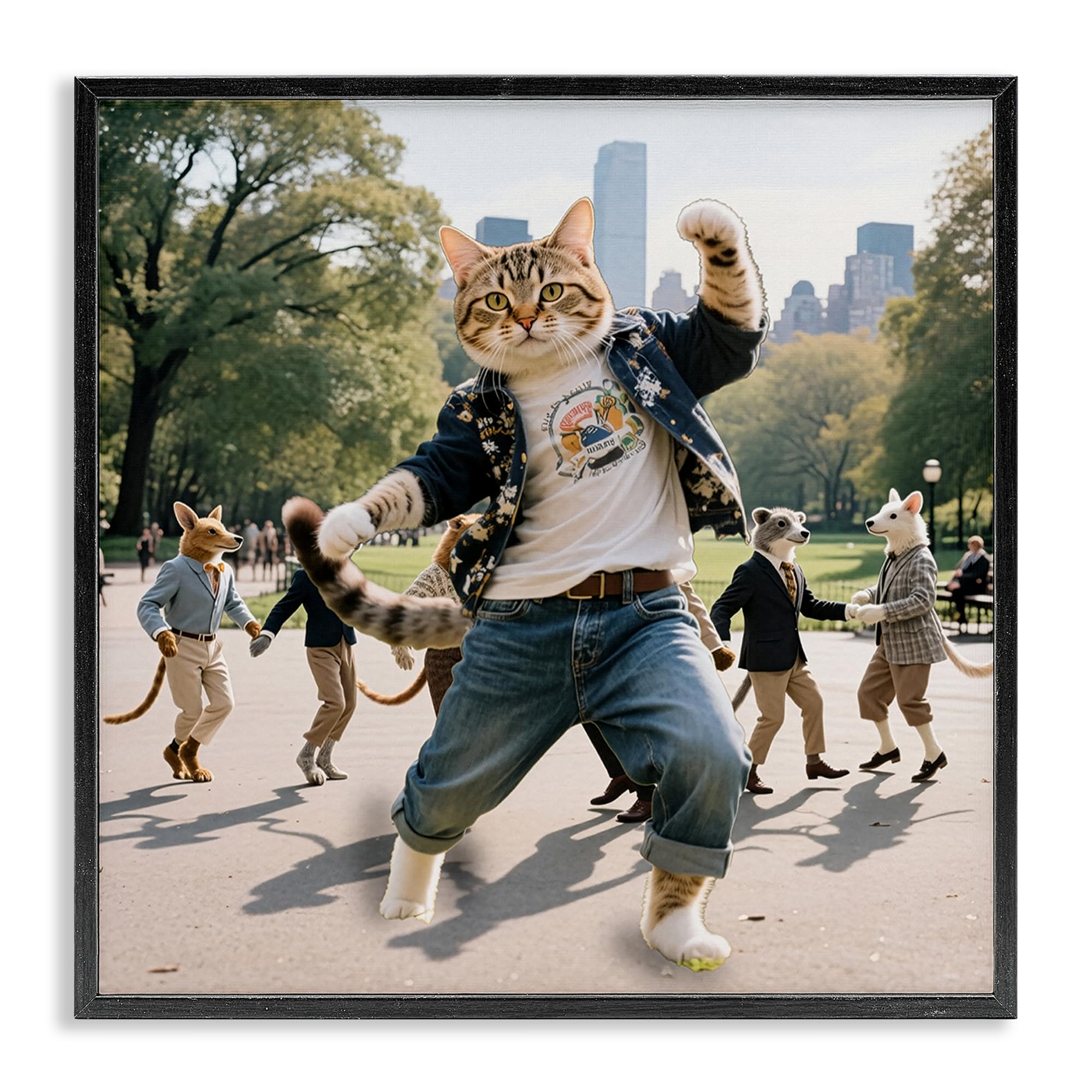 Stupell Industries 'Stylish Cat Dancing in Park', Framed Giclee Art, Black, 17 x 17 Inches, Easy to Hang and Sturdy, Made in USA, by CAD Designs