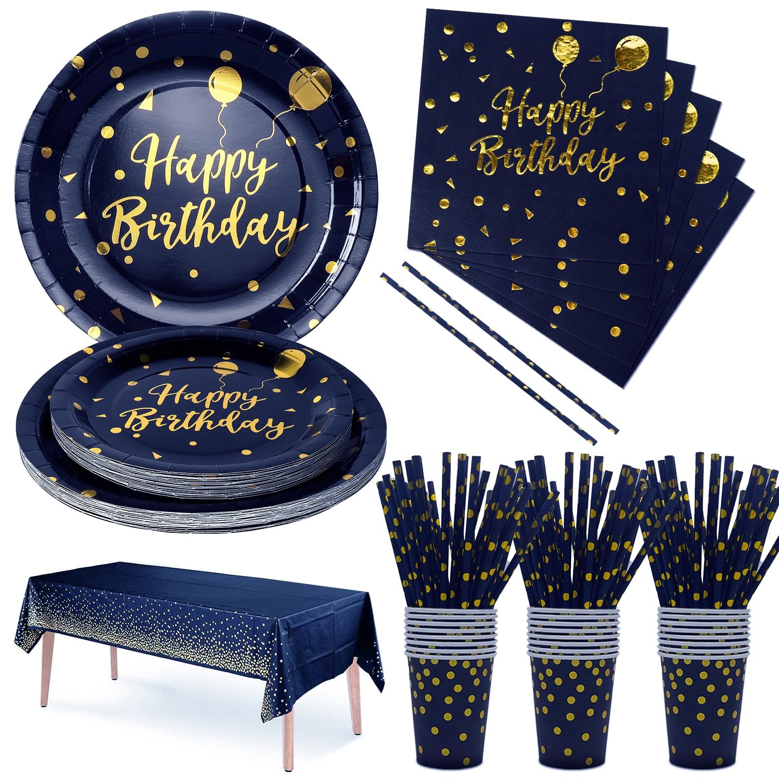 Nkaiso 121 Pcs Navy Blue Gold Birthday Plates and Napkins Set for 24 Guests