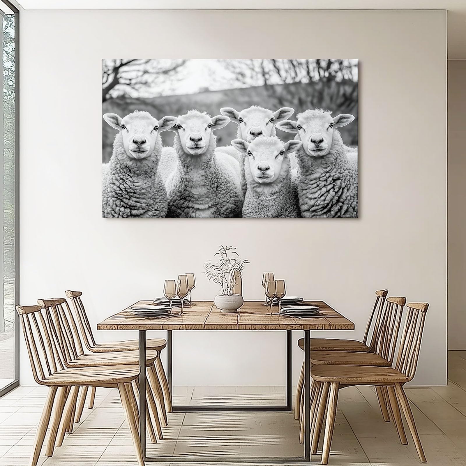 Quadro su Tela per Arredamento casa, Moderno, Bianco e Nero, per Bagno e Ufficio, con Dipinti e fotografie di Pecore, Stampa Artistica 100L x 50W cm