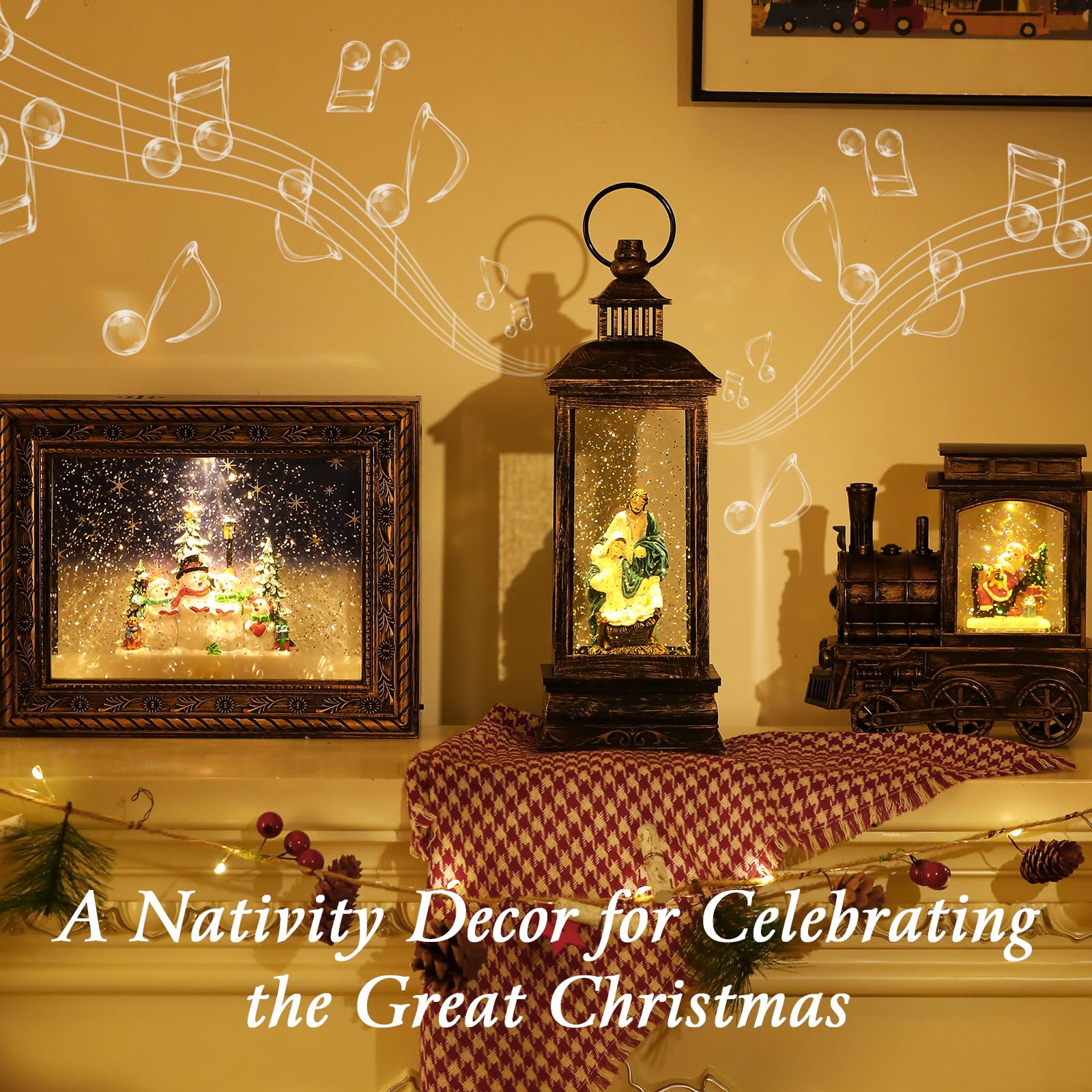 Lewondr Globo di Neve di Natale, Globo di Neve a Forma di Lanterna Illuminato con Neve Decorativa e Presepe di Natale, Globo di Neve Musicale con Timer, Regalo per Ragazze Fidanzate Donne, Oro Nero