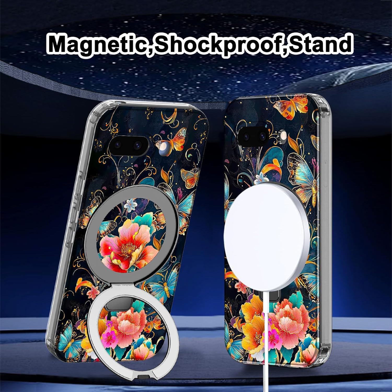 for Google Pixel 10a Case,[Compatible with MagSafe][Magnetic Invisible Ring Stand],Floral Shockproof Protective Slim Women Girl Case for Google Pixel 10A 6.3 inch,Black Flower