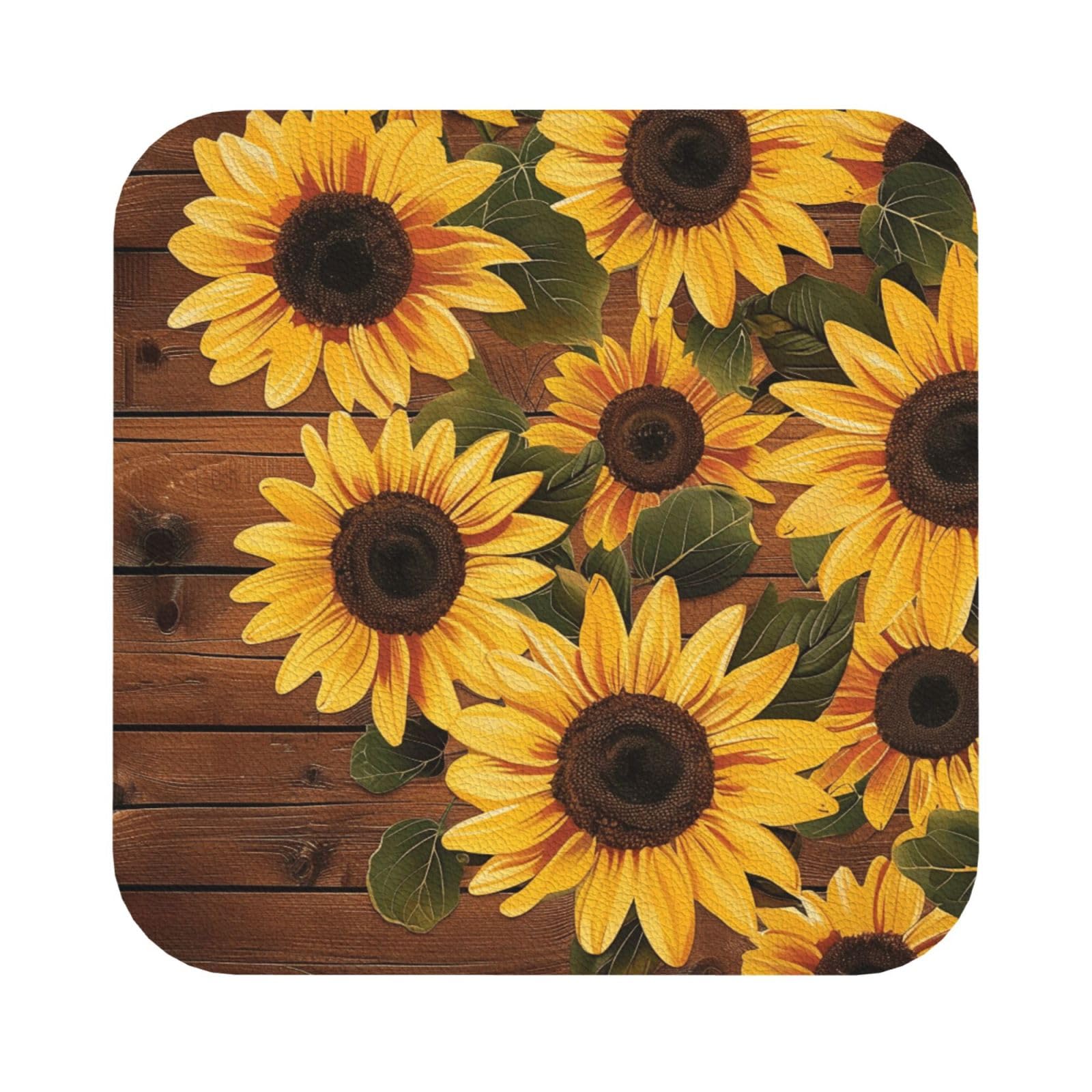 Plants Theme Sunflower Print Leather Coaster Set of 6, Square Coasters Table Decorative Coffee Cup Beverage Coasters Wine Beer Bar Coasters for Hot Drinks Table Protection