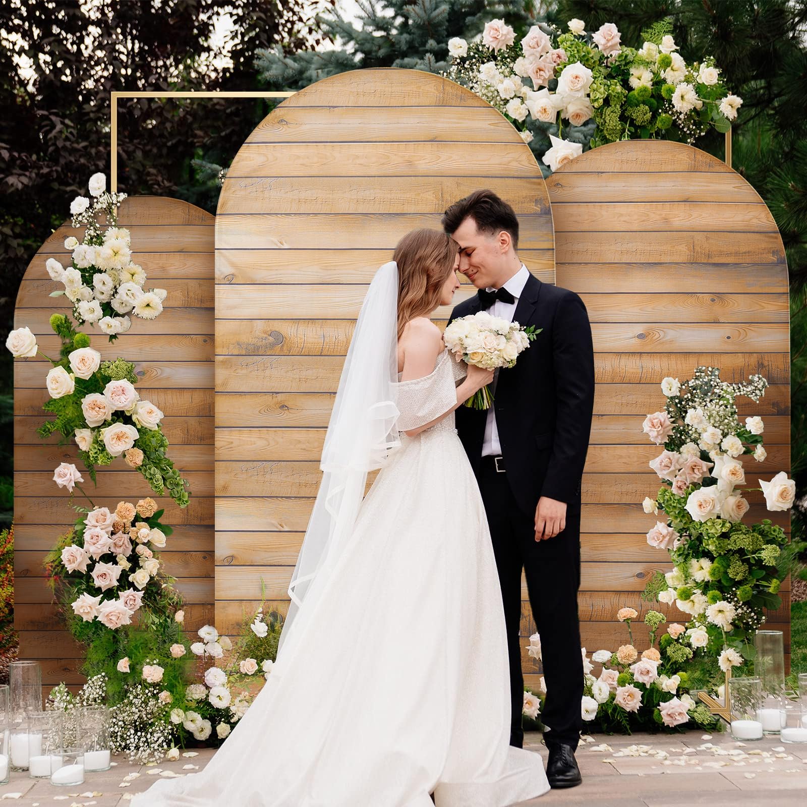 Wooden Arch Backdrop Cover Set of 3 Spandex 6ft 6.6ft 7.2ft, Wrinkle Free Fitted Farmhouse Style Arch Background Cover, Fall Vintage Wood Texture Wall