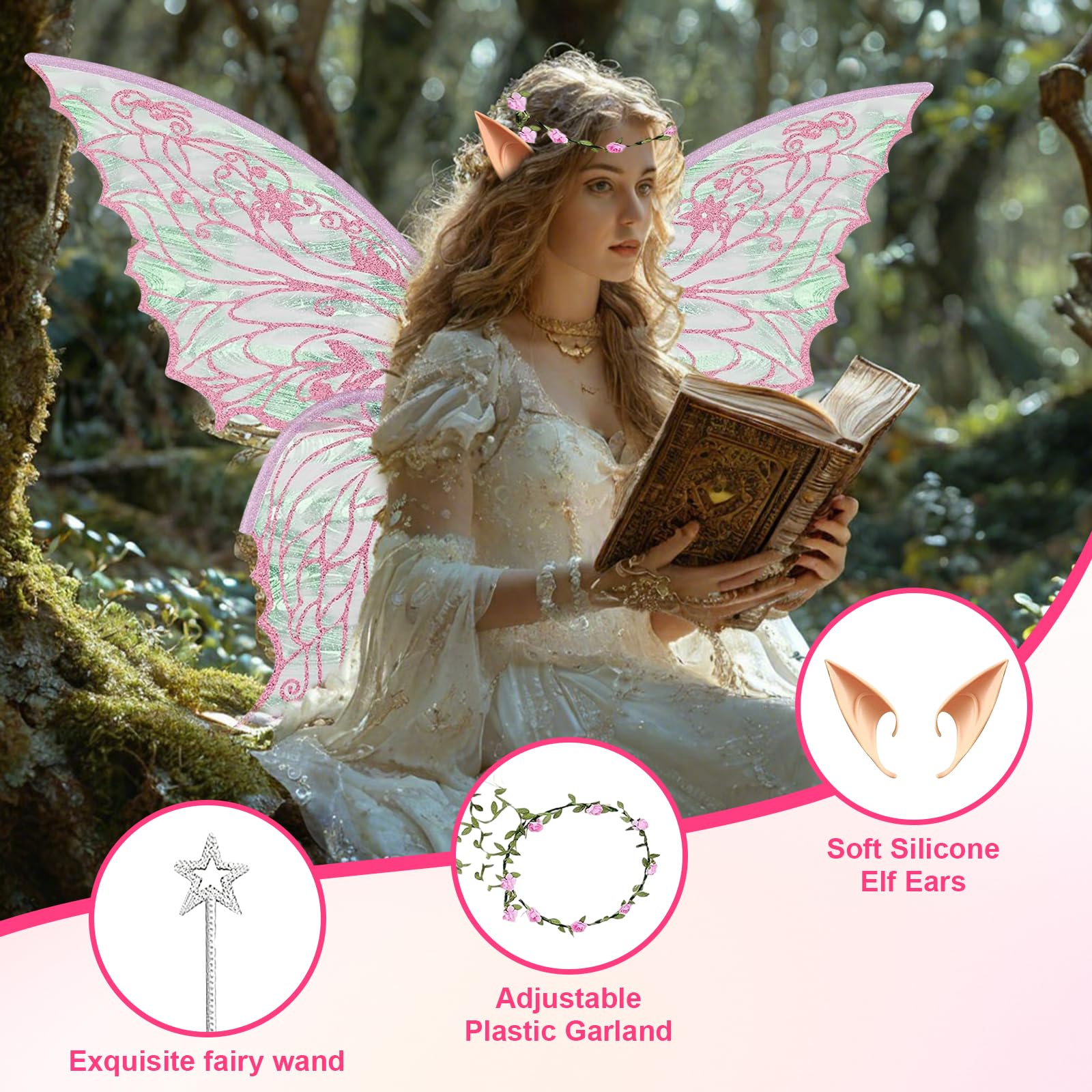Costume Ali da Fata con Ali da Farfalla, Orecchie da Elfo, Corona di Fiori & Bacchetta Magica – Ali da Fata Bambini & Adulti, Ideale per Halloween, Carnevale, Cosplay & Compleanni
