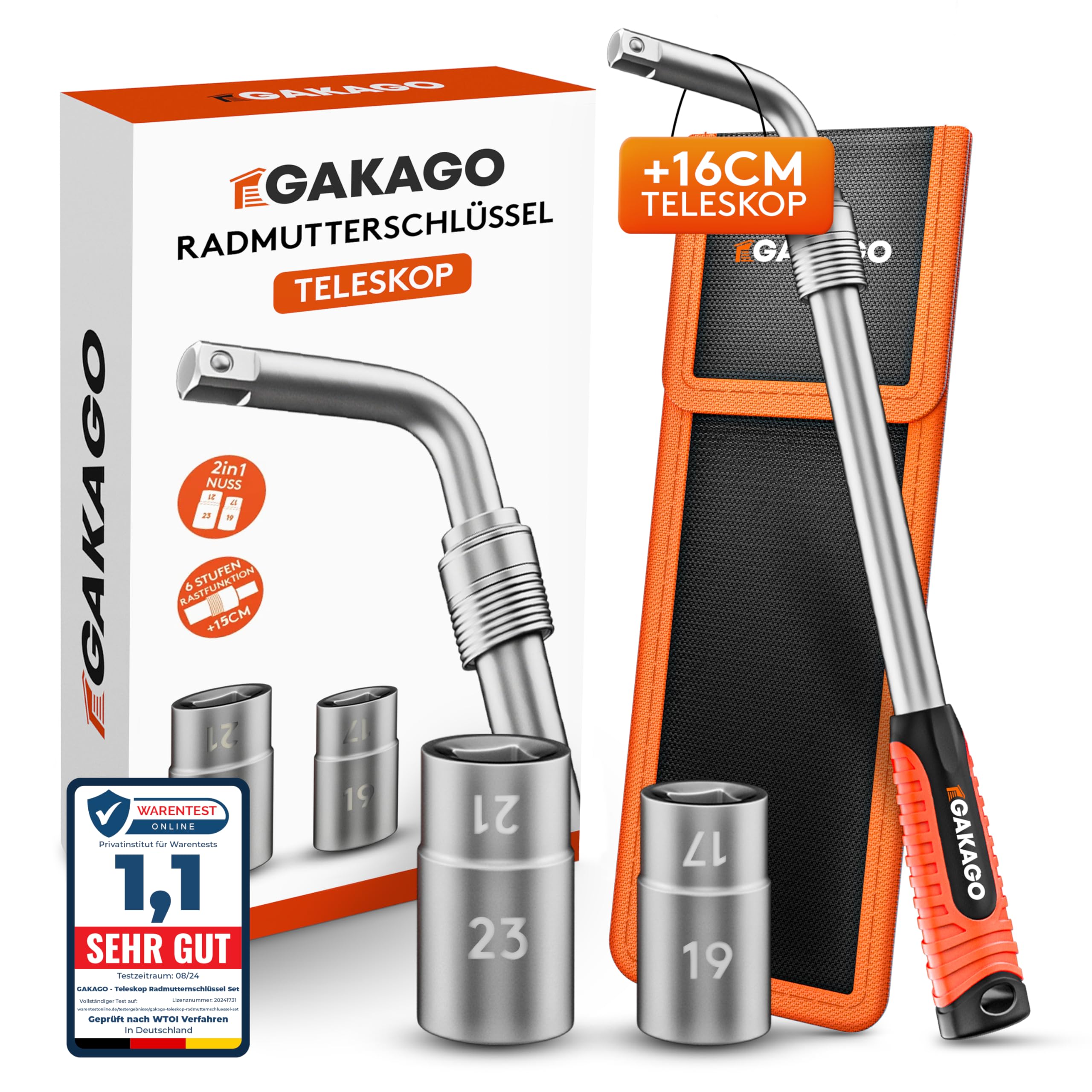 Gakago Teleskop Radmuttern-Schlüssel Set mit 17/19mm & 21/23mm Steckschlüssel-Einsatz 1/2 Zoll - Extra langer ausziehbarer Radschlüssel - Praktische Aufbewahrungstasche mit Klett und Aufhängeöse