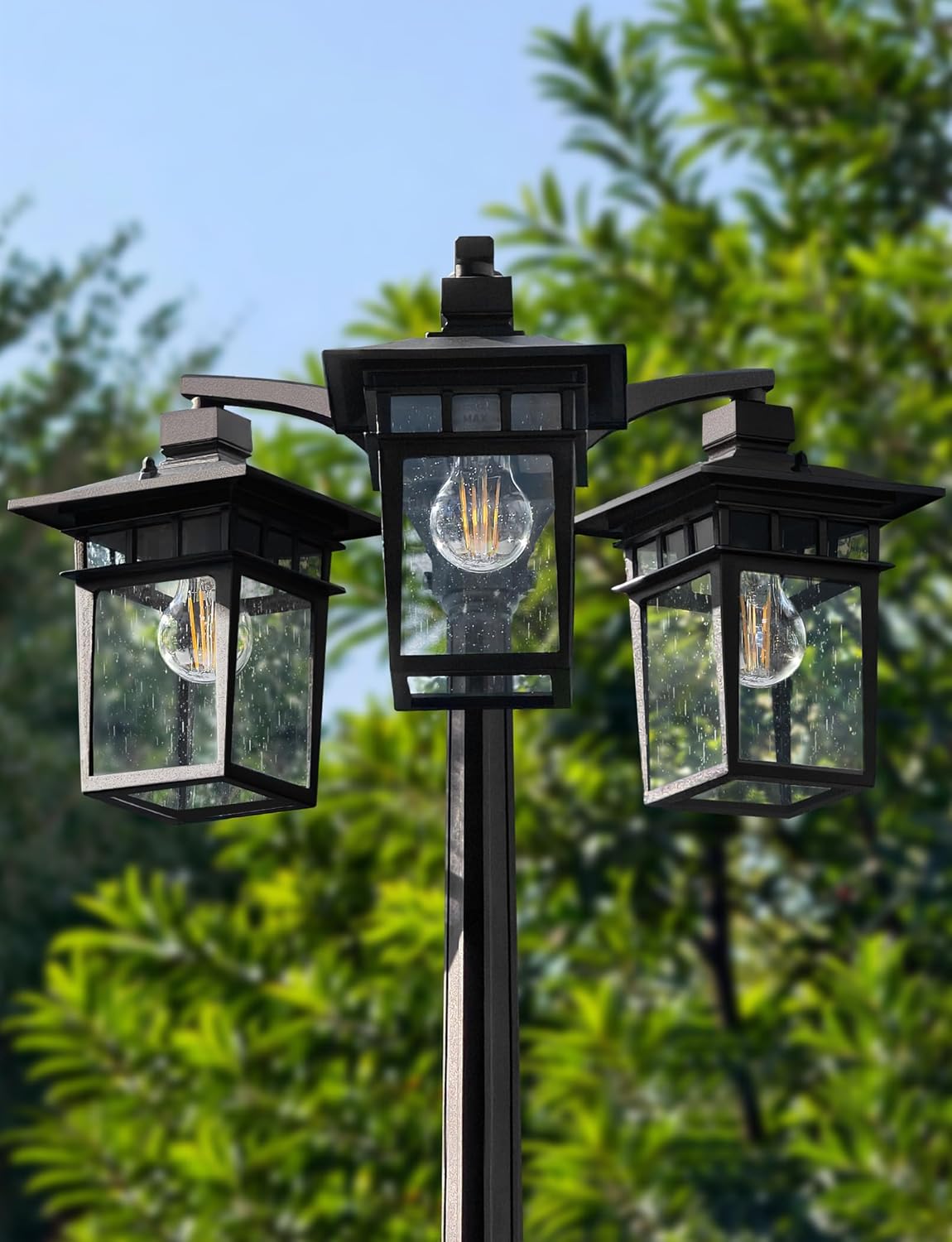 360° Motion Sensor Outdoor Lamp Post Light Fixture, 3-Head Dusk to Dawn Outdoor light post with bubble Glass, Aluminum Waterproof Light Poles Outdoor Lighting for Outside yard Paito Garden Pathway