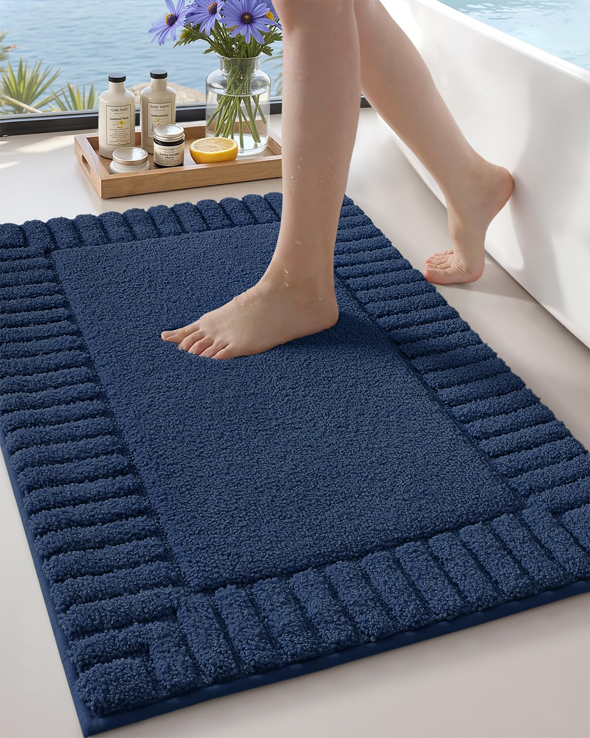 Color&Geometry Small Bath Rugs Non Slip Washable, 16"x24" Absorbent Navy Blue Bathroom Rugs, Soft Bath Mats for Bathroom Floor, Shower, Bathtub,