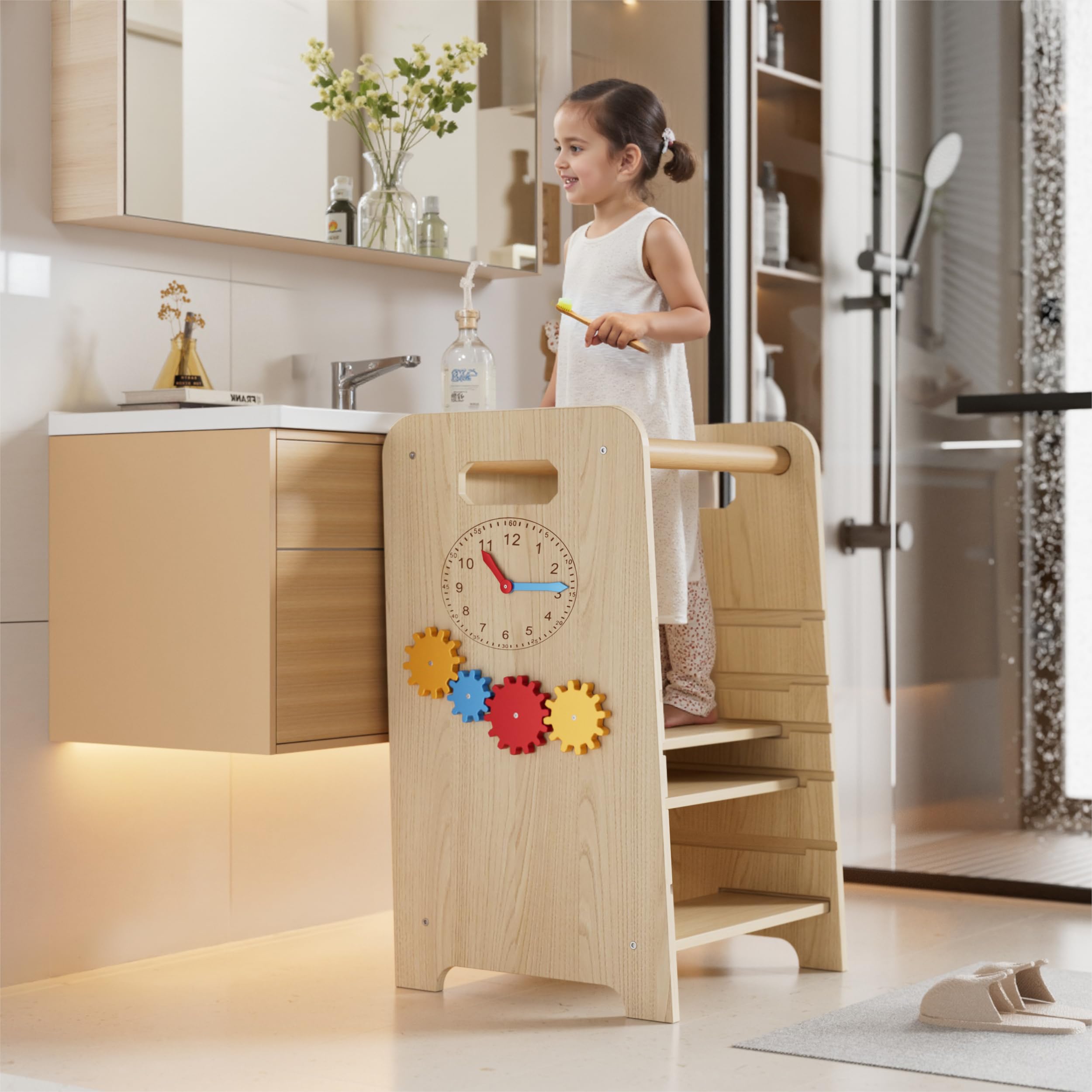 Torretta Montessoriana 4 in 1 Multifunzionale Torre Didattica con Lavagna e Scala Scorrevole per Bambini da 1 Anno