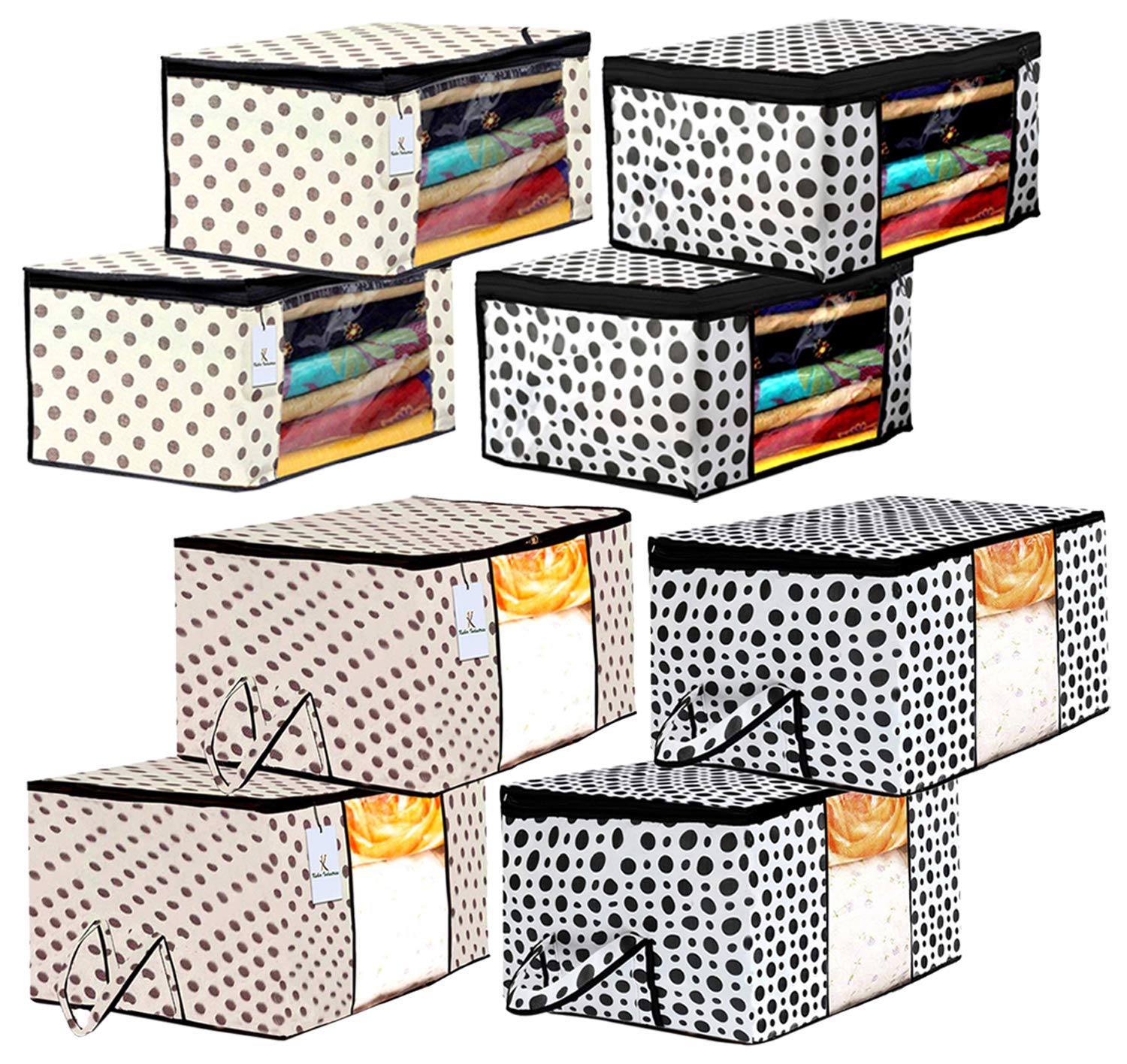 Kuber Industries Polka Dot Design 4 Piece Non Woven Saree Cover and 4 Pieces Underbed Storage Bag, Storage Organiser, Blanket Cover, Cream & White -CTKTC042416