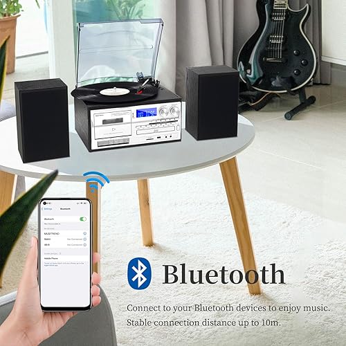 Miniatura 5 de 10 in 1 Record Player with External Speakers, 3 SpeedTurntable with AM/FM Radio, CD & Cassette Player, Bluetooth, USB/SD Playback, Remote Control,