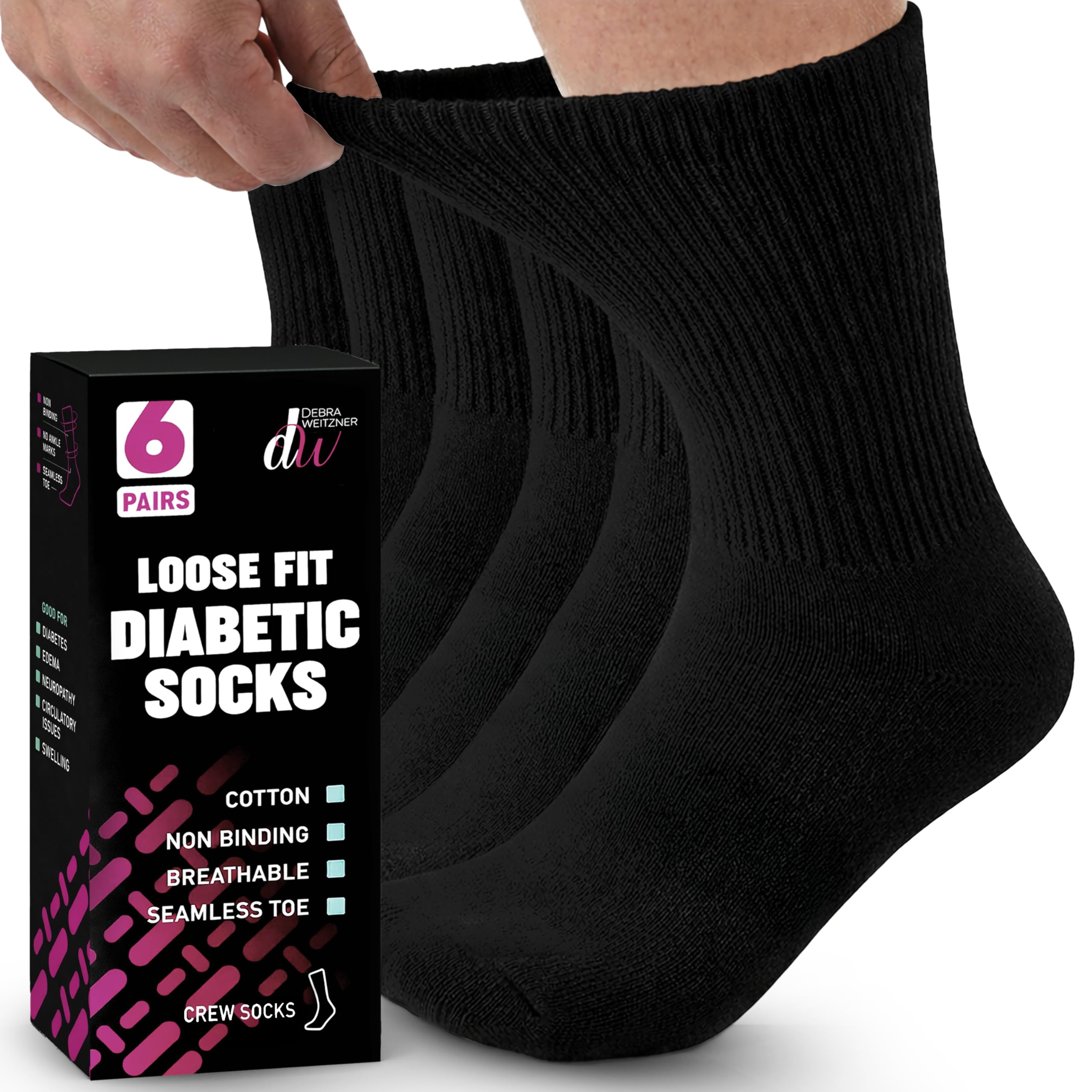 Diabetic Socks For Men and Women Loose Fit Non-Binding Cotton Crew Socks 6 Pairs