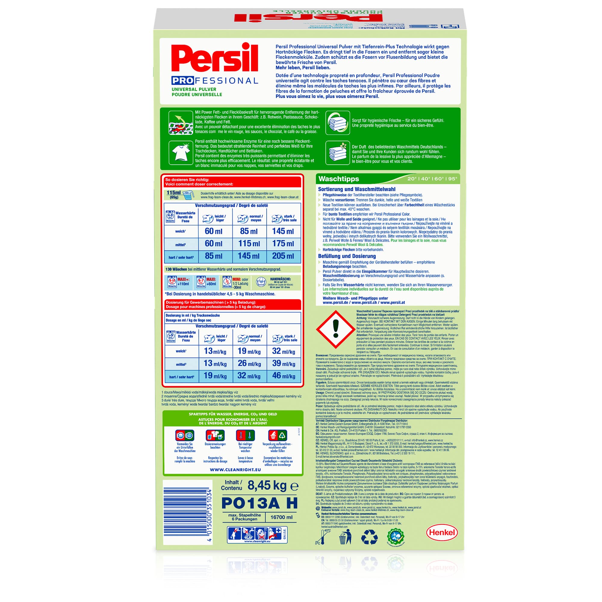 Persil - Polvere universale professionale (130 lavaggi), confezione grande anche per professionisti, detersivo completo