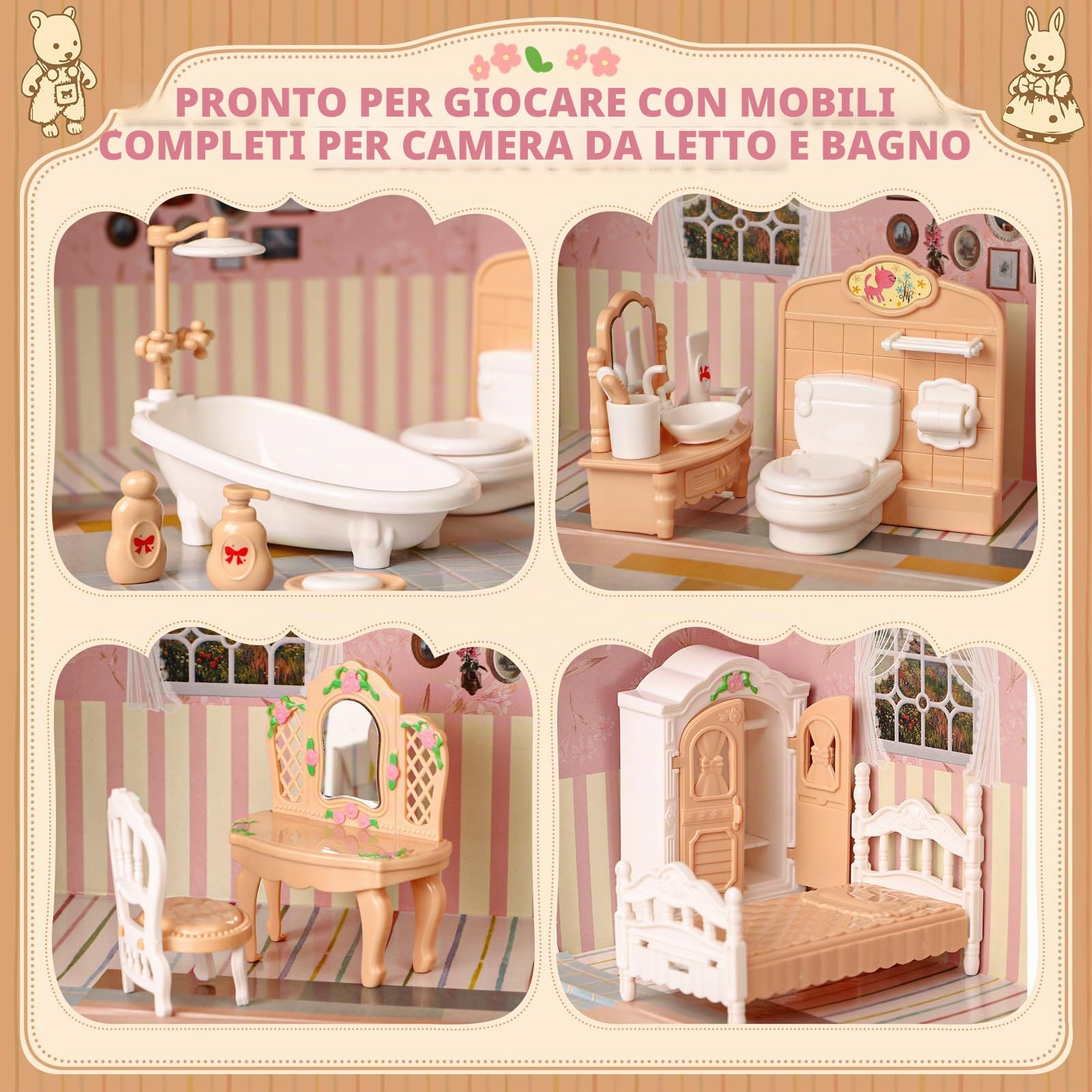 Casa delle Bambole Valigetta con Mobili Miniatura, Accessori Fai-da-Te e 2 Bambole Flessibili – Camera da Letto e Bagno – Gioco di Ruolo, Regalo di Compleanno o Natale per Bambini e Bambine 3+