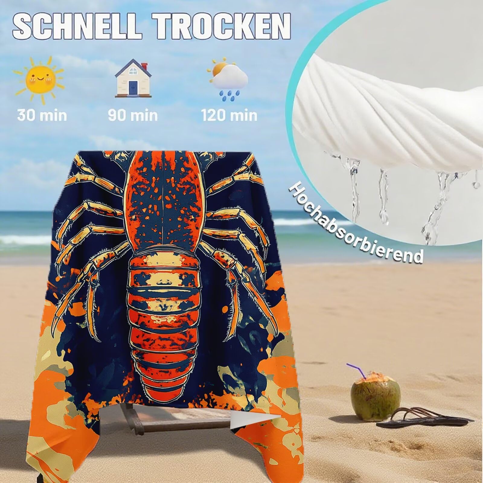 Telo Mare Microfibra, Telo Mare Grande 200x100 cm Set da 2, Antisabbia Asciugatura Rapida Assorbente Salvietta da Spiaggia Asciugamano per Palestra Piscina Viaggi Picnic, Regali Donna Aragosta Q-714
