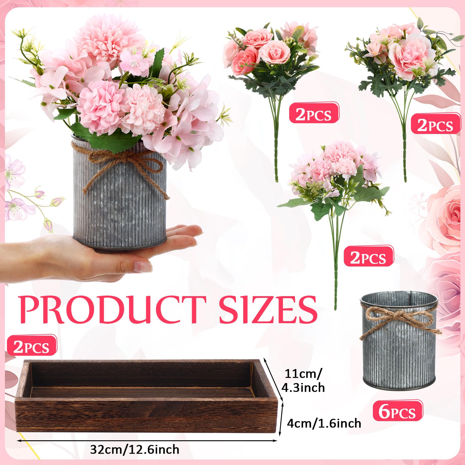 Riceshoot 2 Set Farmhouse Table Decor Dining Room Centerpiece 2 Pcs Wood Tray with 6 Pcs Galvanized Metal Pots Artificial Flower Mason Jar Centerpiece for Party(Pink)