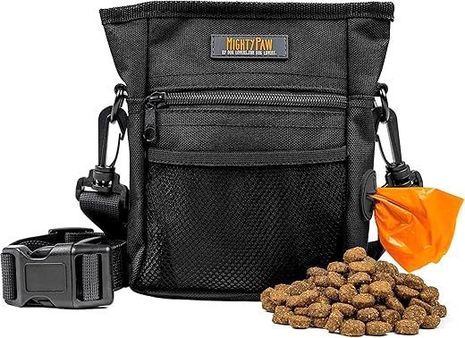 Mighty Paw Dog Treat Pouch 2.0 | Pet Training Hands-Free Snack Bag w/Strap. Holds 2 Cups Kibble, Phone & Keys. Magnetic Clasp & Waist Belt Clip. Includes 1 Roll of Poop Bags (Green/Grey)