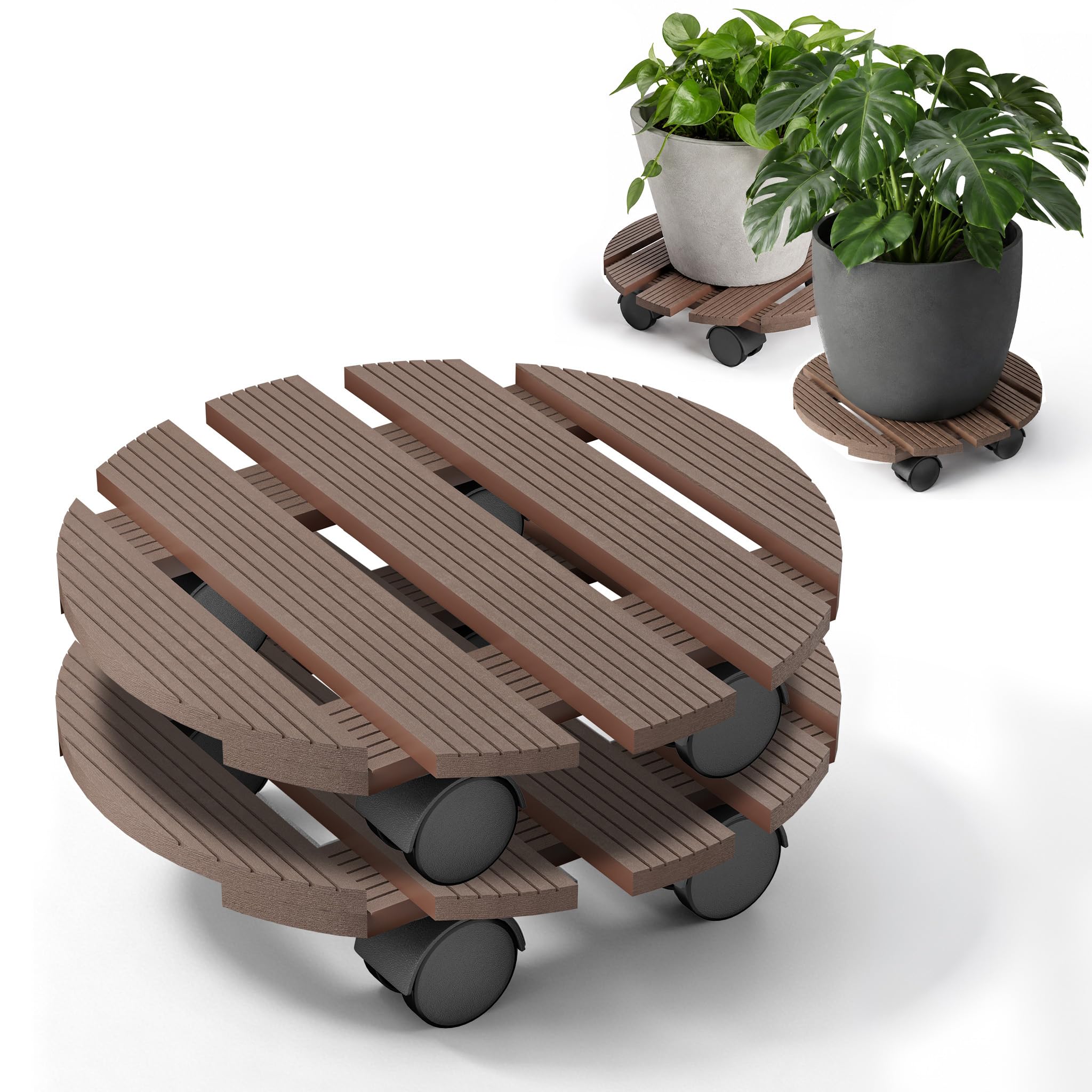 Yunvin 2 Pack Round Plant Caddy WPC Plant Stand with Casters Light Brown