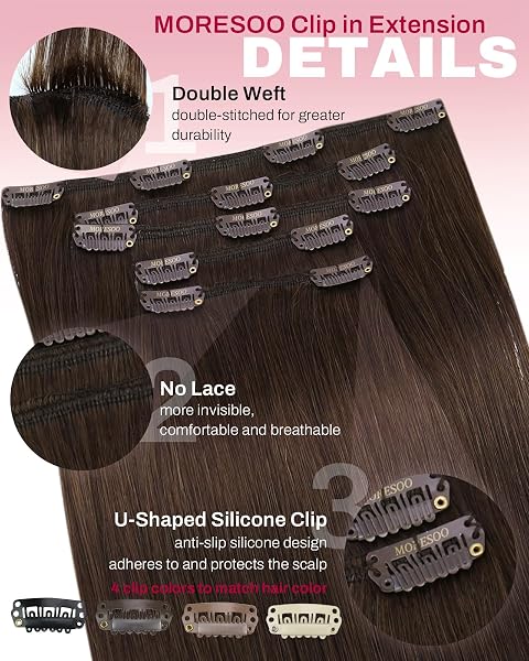 Moresoo Extension Cheveux Naturel Clip Marron Chocolat Remy Extension Clip Cheveux Naturel Invisible Marron Foncé #4 30 cm 5 Pièces 80g - 4