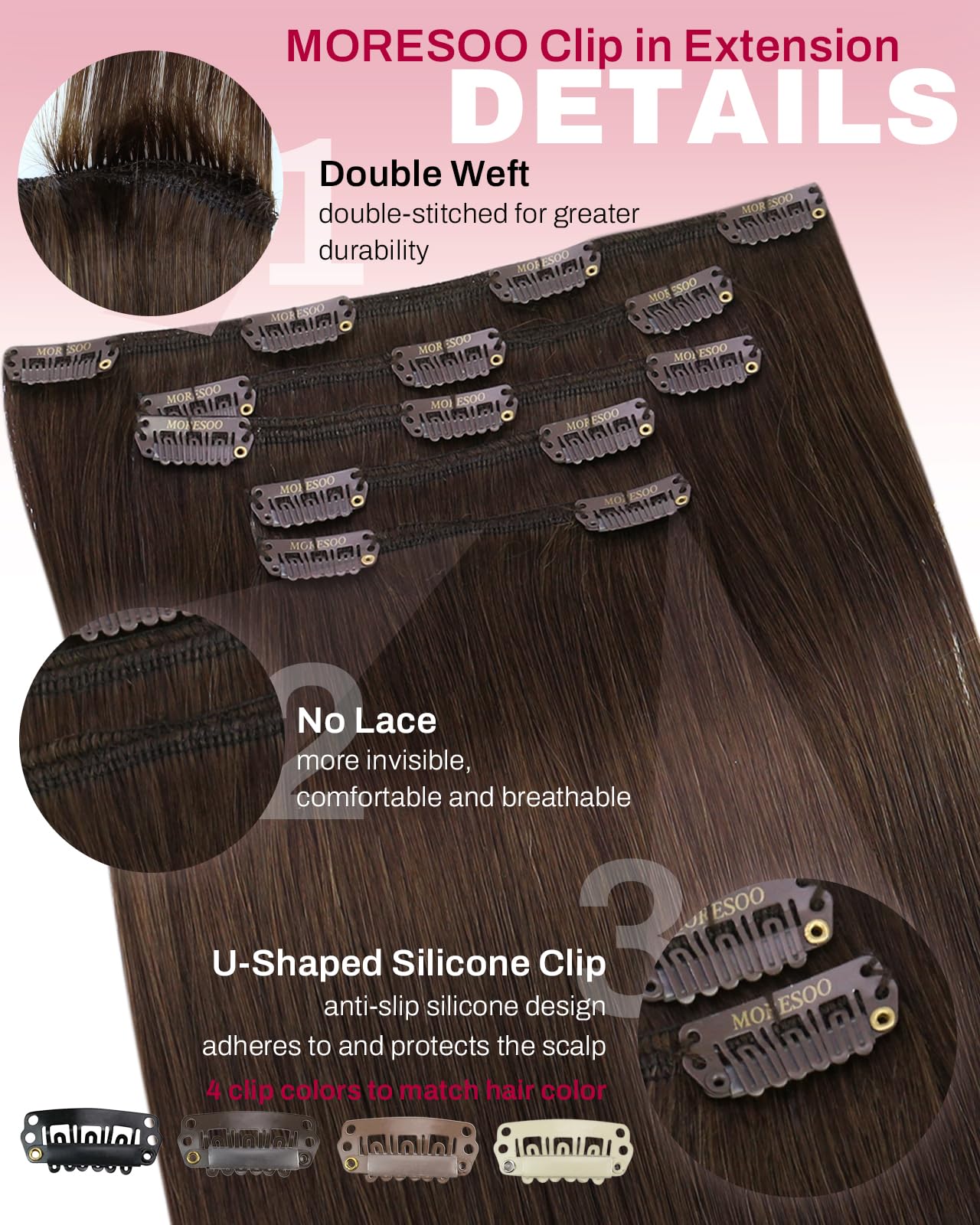Moresoo Extension Cheveux Naturel Clip Marron Chocolat Remy Extension Clip Cheveux Naturel Invisible Marron Foncé #4 30 cm 5 Pièces 80g - 5