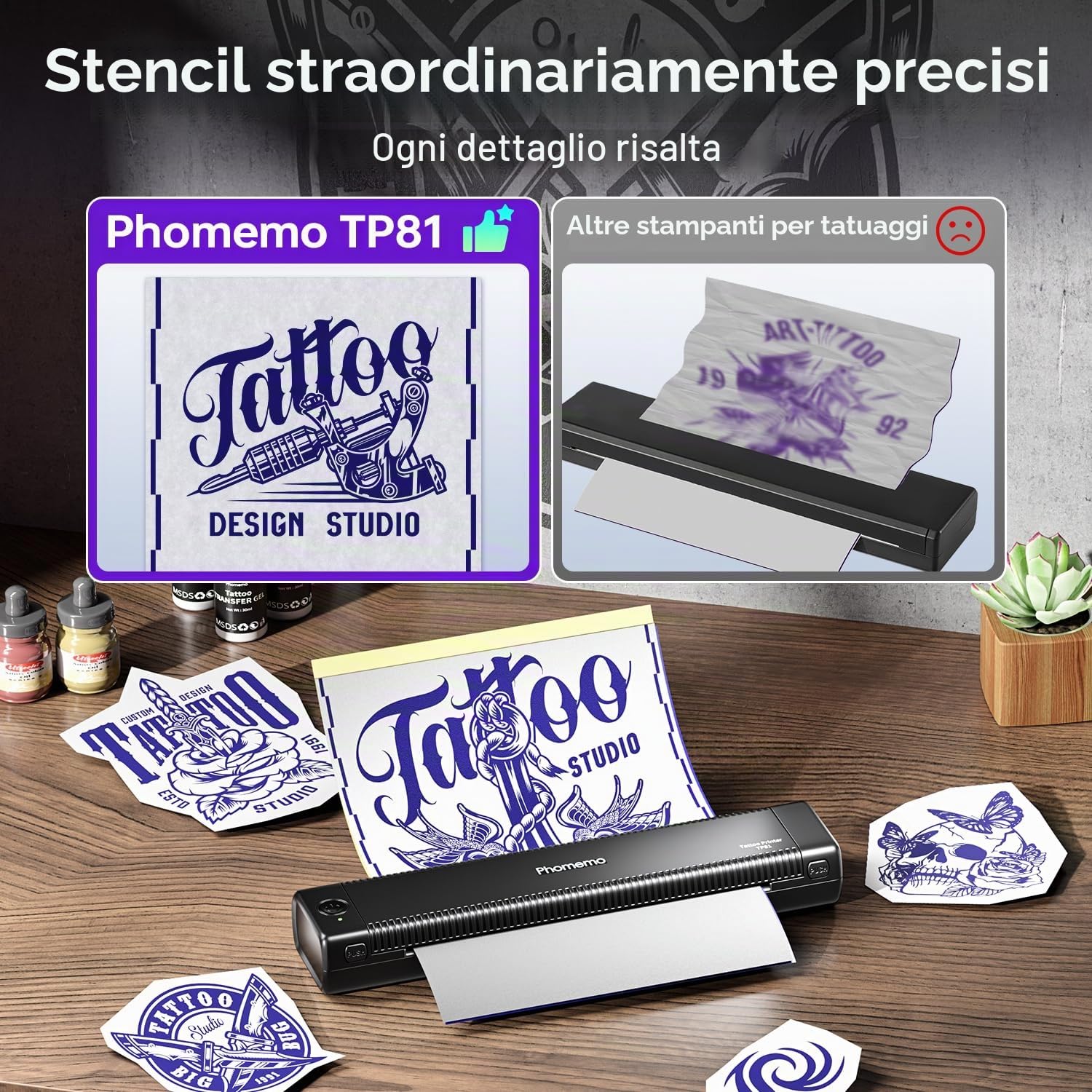 Phomemo TP81 Stampante per Tatuaggi con 4 Gel per Trasferimento di Tatuaggi, 20 Pezzi di Carta di Trasferimento per Tatuaggi Temporanei, Compatibile con Smartphone e PC