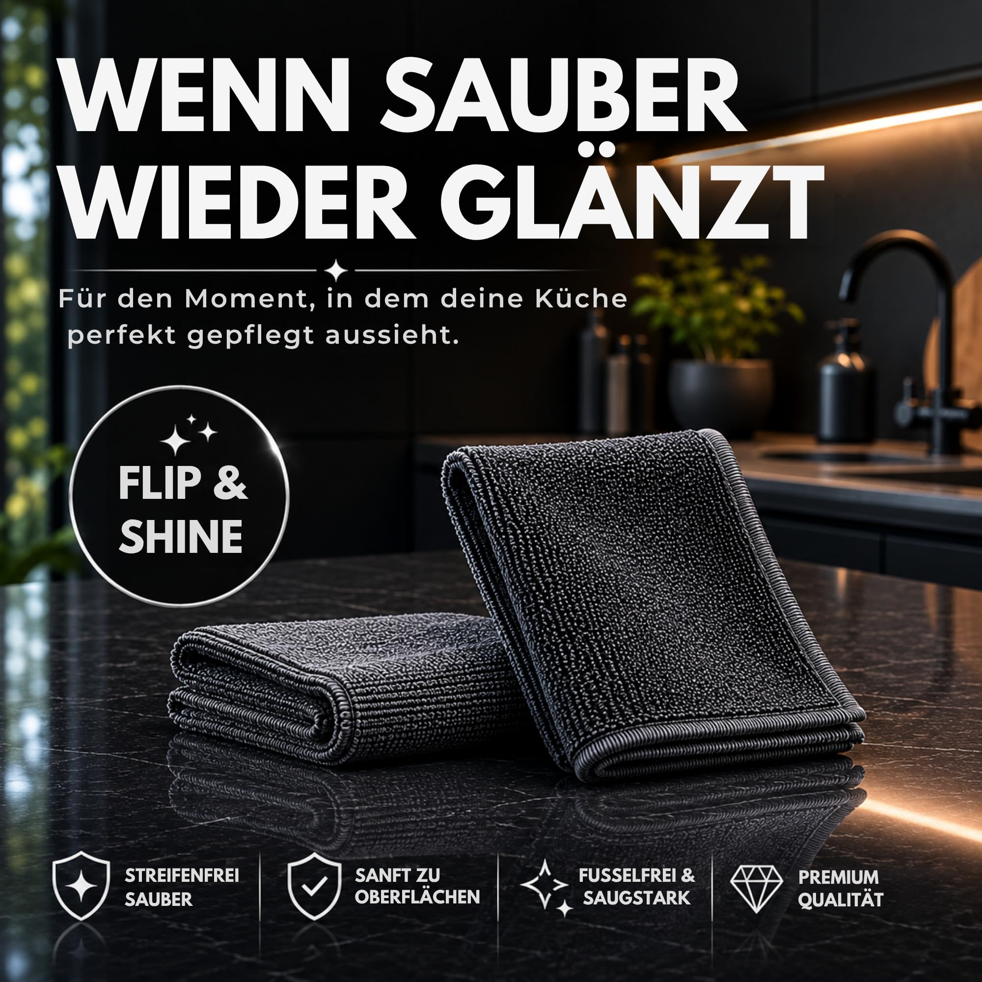 2er Set Premium-Mikrofasertücher Graphitgrau, Flip & Shine | 2 Profi-Tücher 30x30 cm mit Hochflor- & Polierseite | Ideal für Matte & hochglänzende Küchenoberflächen