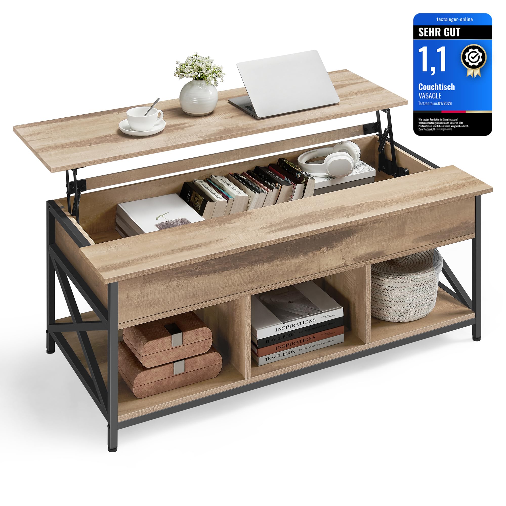 VASAGLE Couchtisch, höhenverstellbarer Wohnzimmertisch, Kaffeetisch, offener und versteckter Stauraum, X-Streben, 60 x 120 x (48-62) cm, Kamelbraun-schwarz LCT215K50