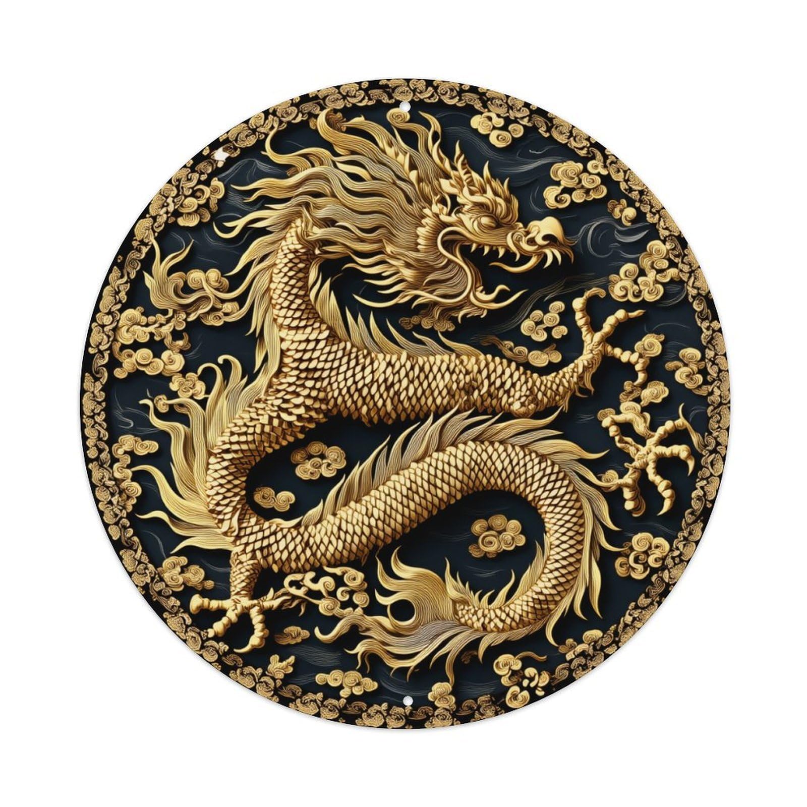 Golden Dragon Cloud Pattern Circle Round Tin Sign Vintage Metal Poster, Home Bar Garage Man Cave Cafe Indoor & Outdoor Wall Decoration 8x8Inches