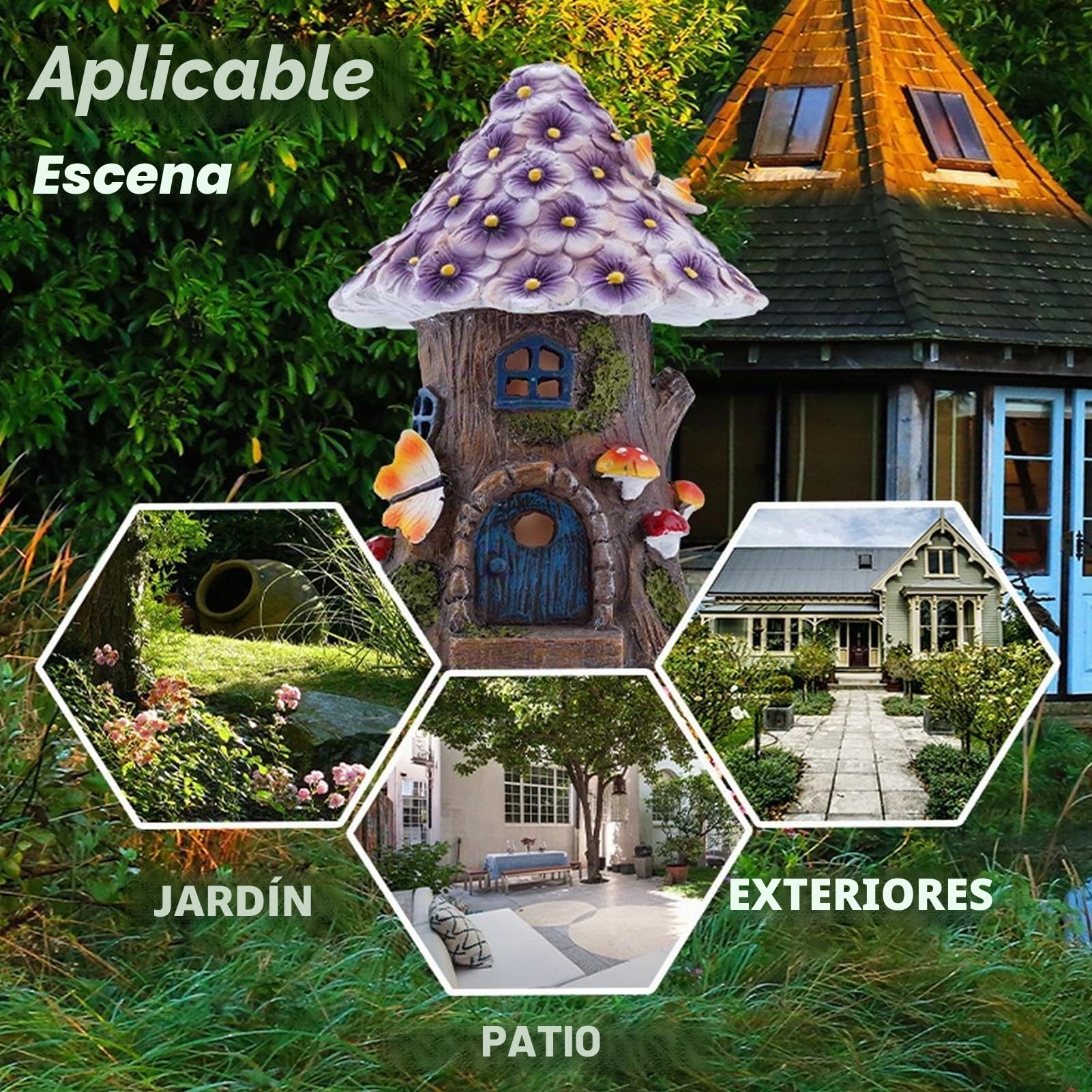 Decoración solar de jardín para exteriores, casa de hadas en forma de seta para exteriores, hecha de resina sintética, IP44 resistente al agua, 6-12 horas, decoración de jardín de casa de hadas.