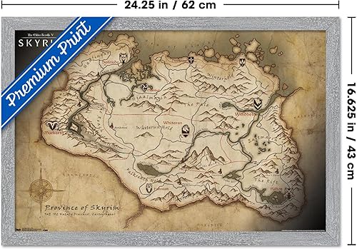 Vista 78 de The Elder Scrolls V: Skyrim - Póster de pared de mapa, 34 pulgadas de largo x 22.4 pulgadas de ancho, versión enmarcada de madera de granero Versión