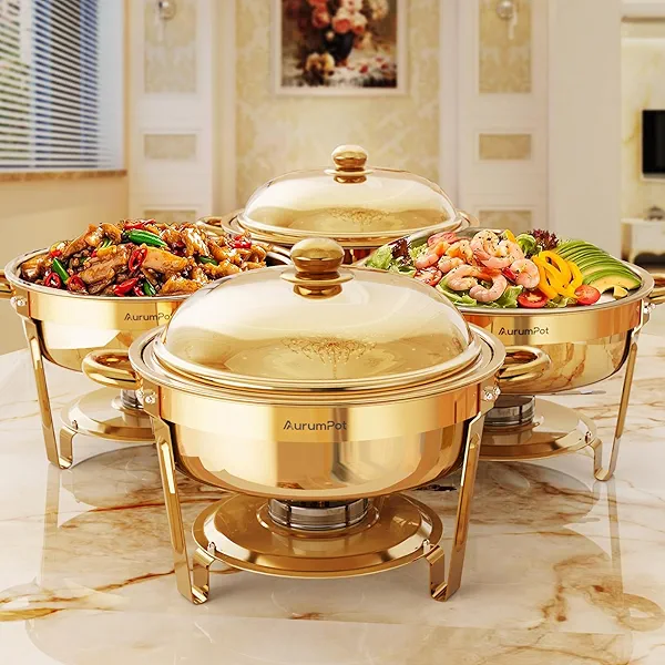 AurumPot Chafing Dishes for Buffet 4 Pack, 6QT Food Warmers for Parties Buffet, Christmas Gatherings [Elegant All-Gold Colors] Stainless Steel Round Chafing Dish Buffet Set,Buffet Servers and Warmers