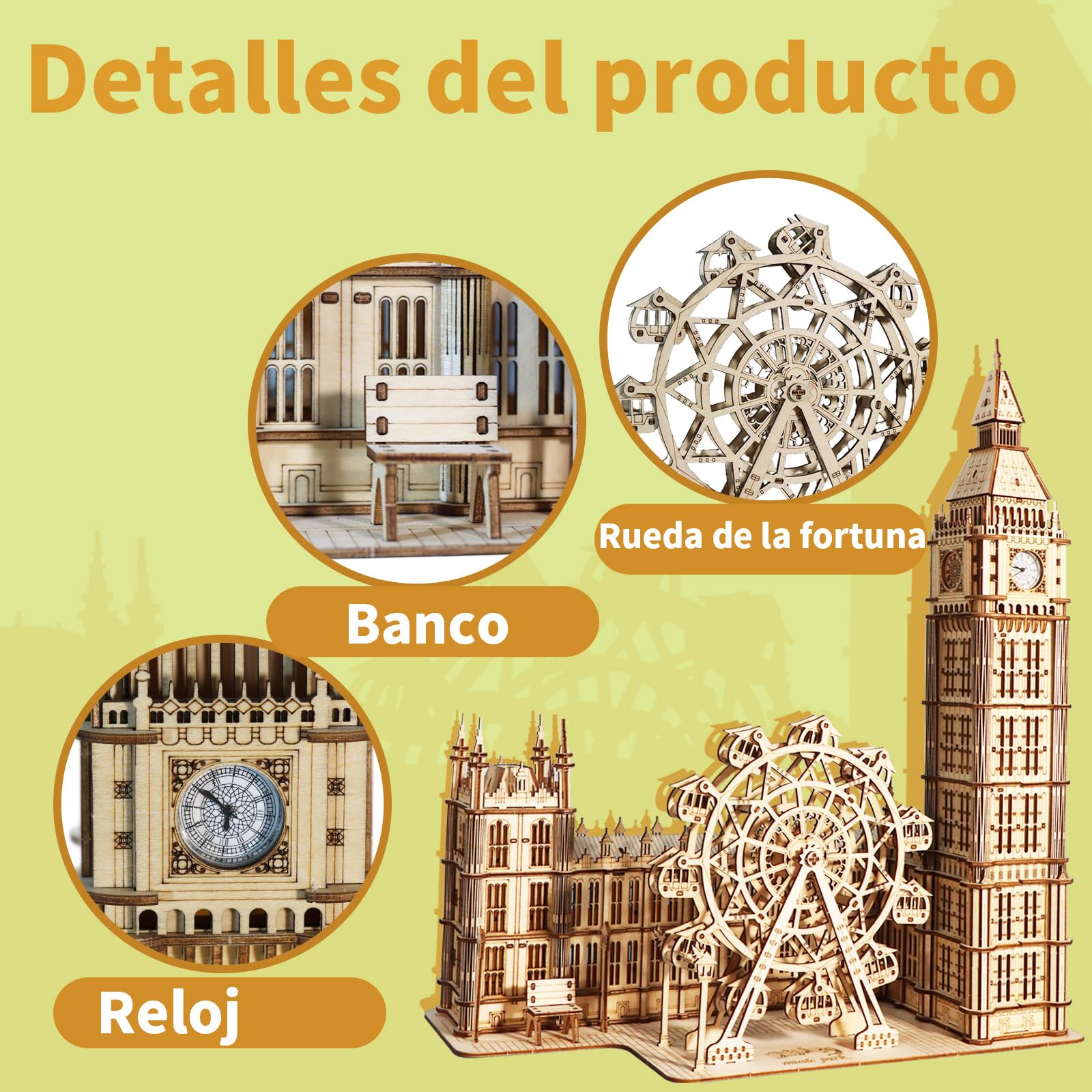 MUSIC PARK Puzzle 3D Madera Big Ben con London Eye Maquetas para Construir y Manualidades Adultos Rompecabezas Madera Modelismo Maquetas Regalos Cumpleaños