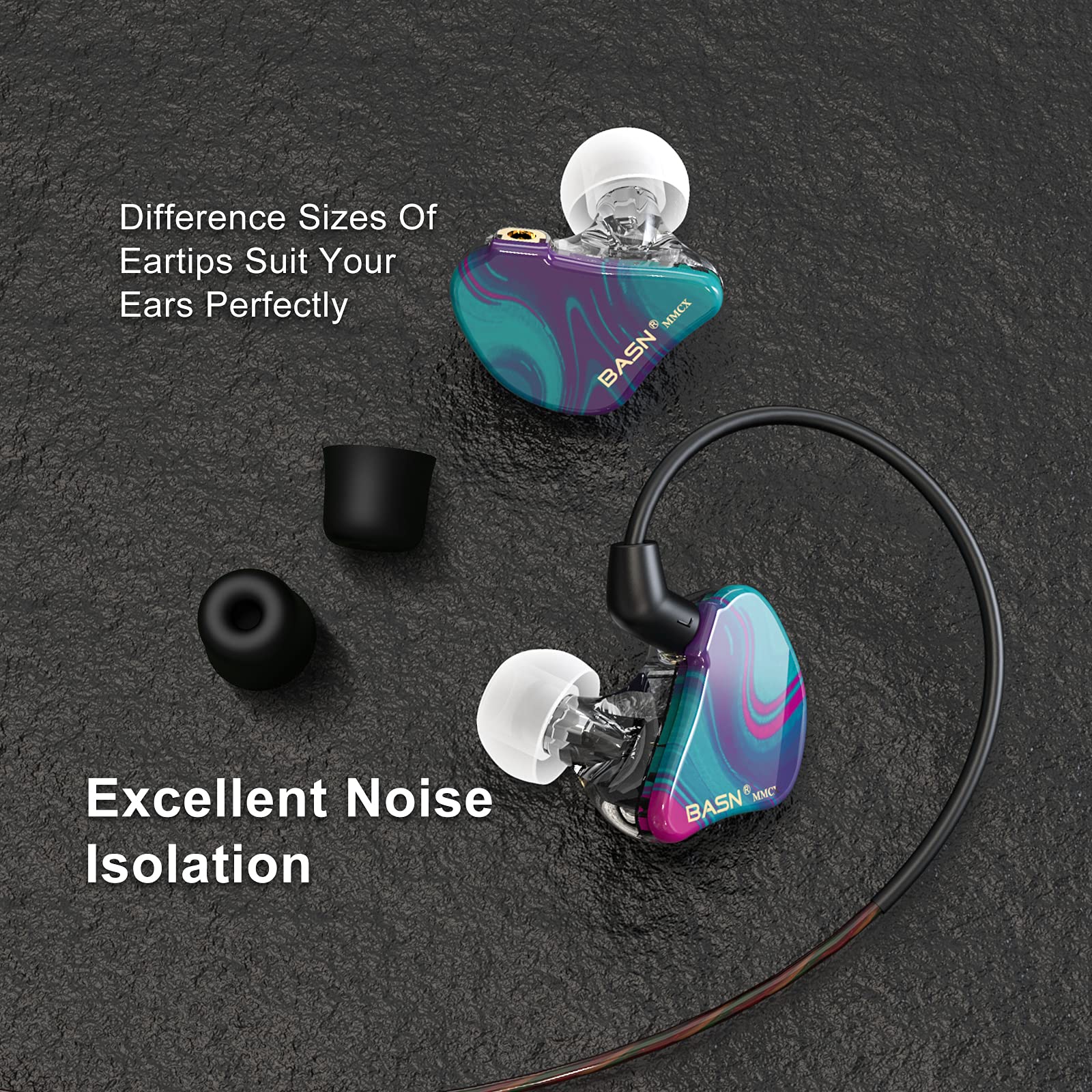BASN MMCX Moniteurs intra-auriculaires à triple pilote avec basses riches, écouteurs HiFi stéréo IEM avec câbles amovibles améliorés pour audiophiles musiciens (Aurore violet)