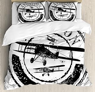 Ambesonne Vintage Airplane Duvet Cover Set, Grunge Style Stamp Design Word Aviation and Plane Silhouettes, Decorative 3 Piece Bedding Set with 2 Pillow Shams, King Size, Black and White