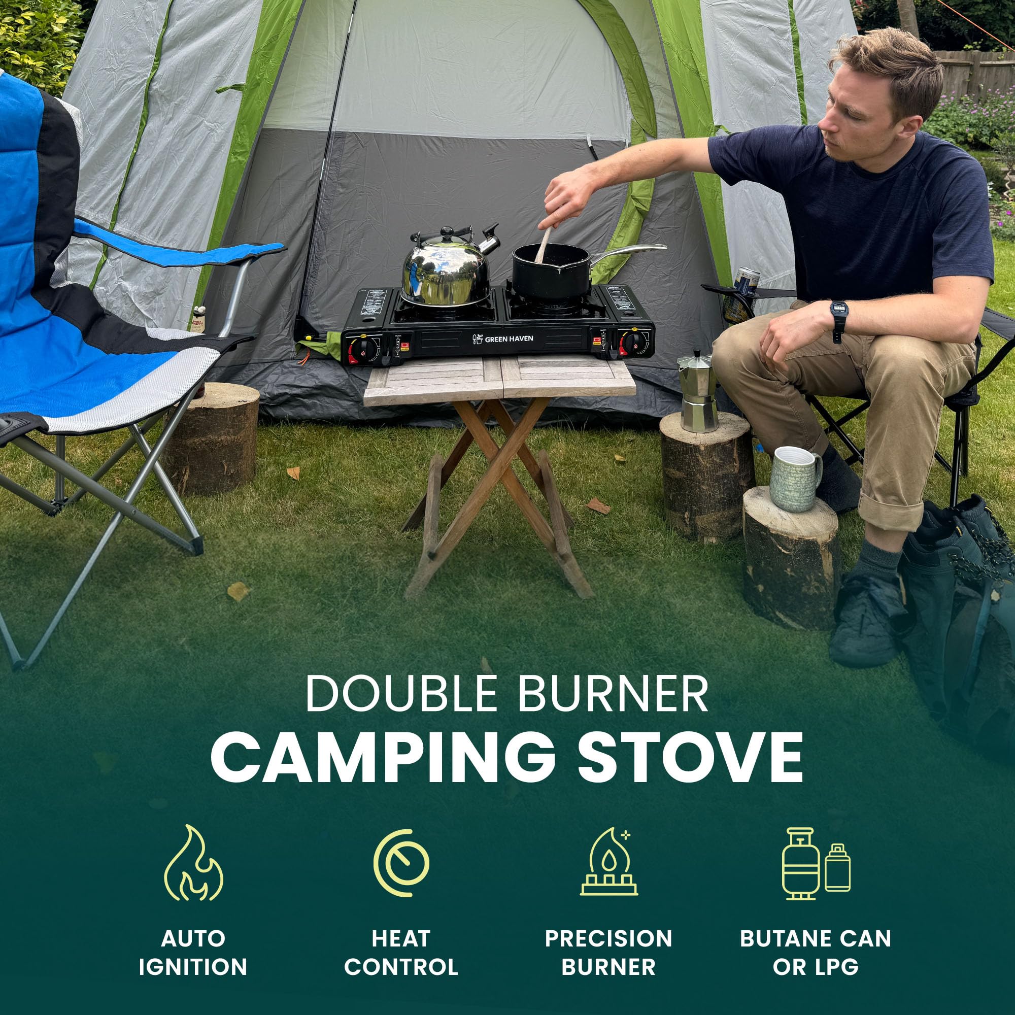 GREEN HAVEN Tragbarer Campingkocher mit Cary Koffer | Premium Camping Gaskocher | EN417 konformer Campingkocher Gas tragbar | Gas Campingkocher mit automatischer Zündung & Wärmeregulierung