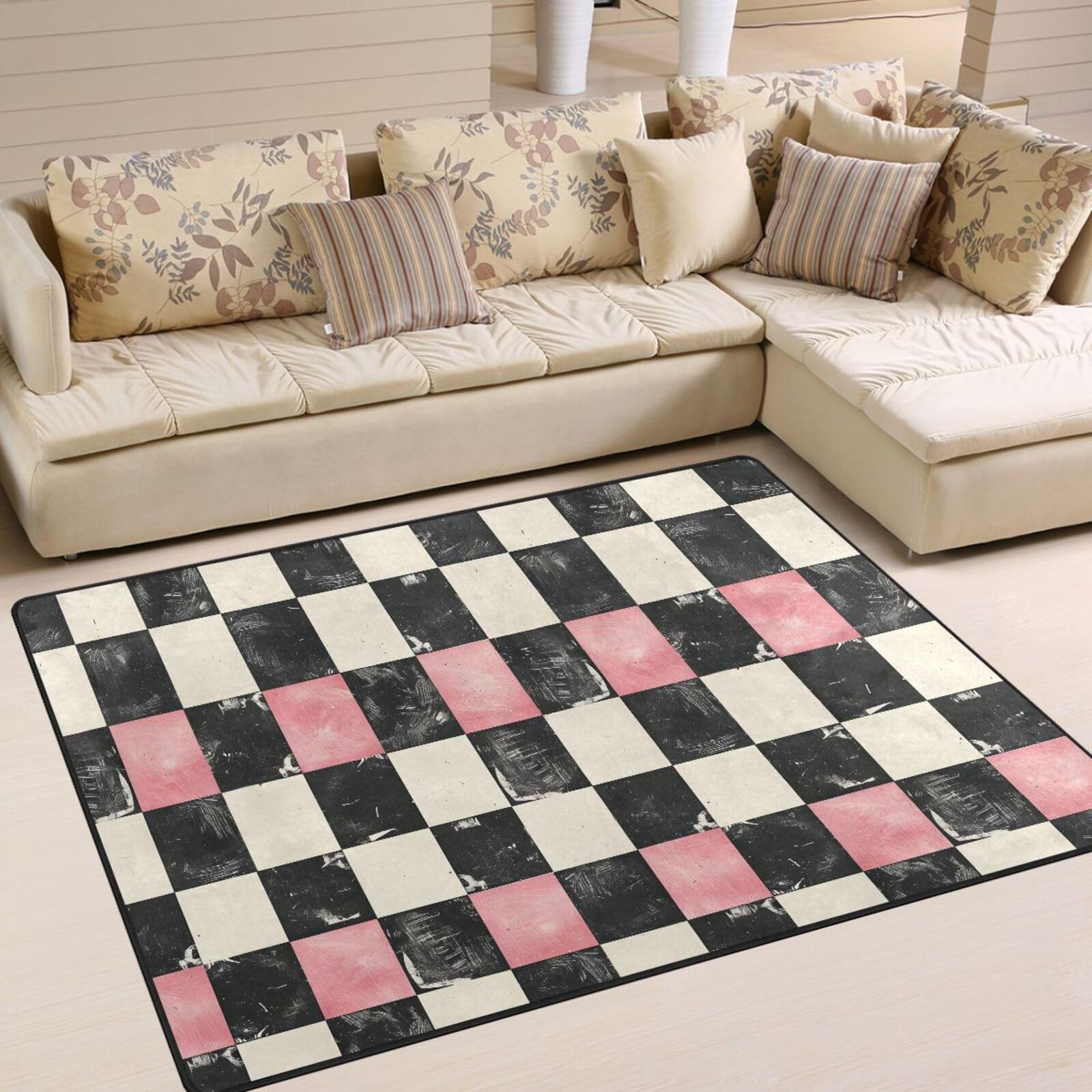 ALAZA Area Rug, Diagram Of White Black and Pink Soft Polyester Large Carpet Non-Slip Bath Mats Modern Indoor Mats for Living Room Bedroom Home Decor (203 x 147cm)
